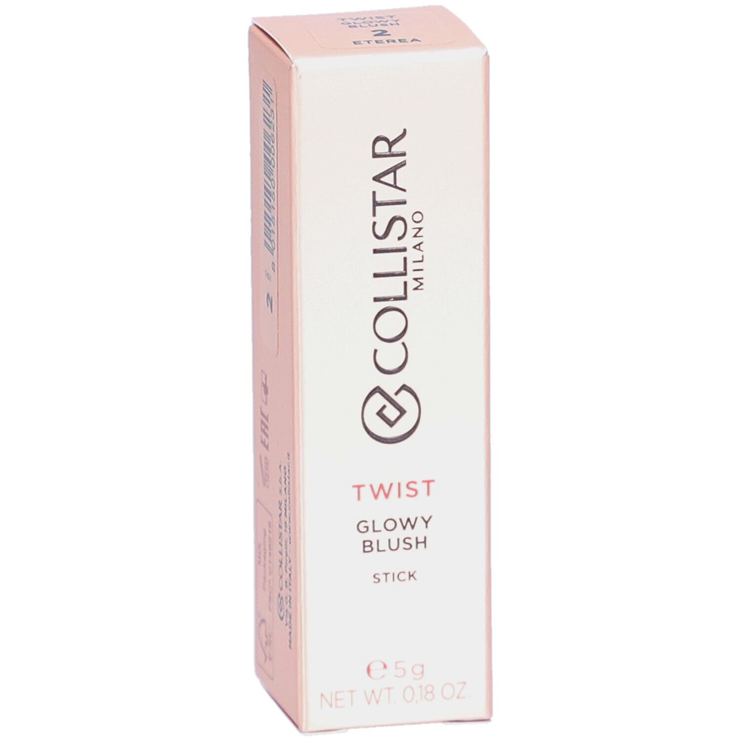 Roze verpakking met productinfo. Collistar Milano, Twist Glowy Blush, Stick. Nettogewicht: 0,18 oz.