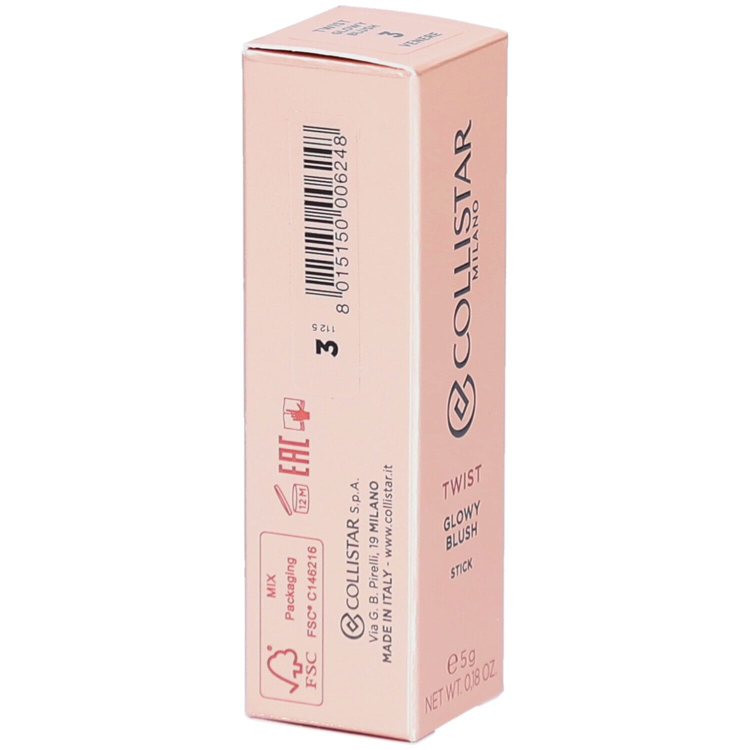 Achterkant van de blush stick verpakking. Merk Collistar Milano. Barcode, certificeringen en productinfo.