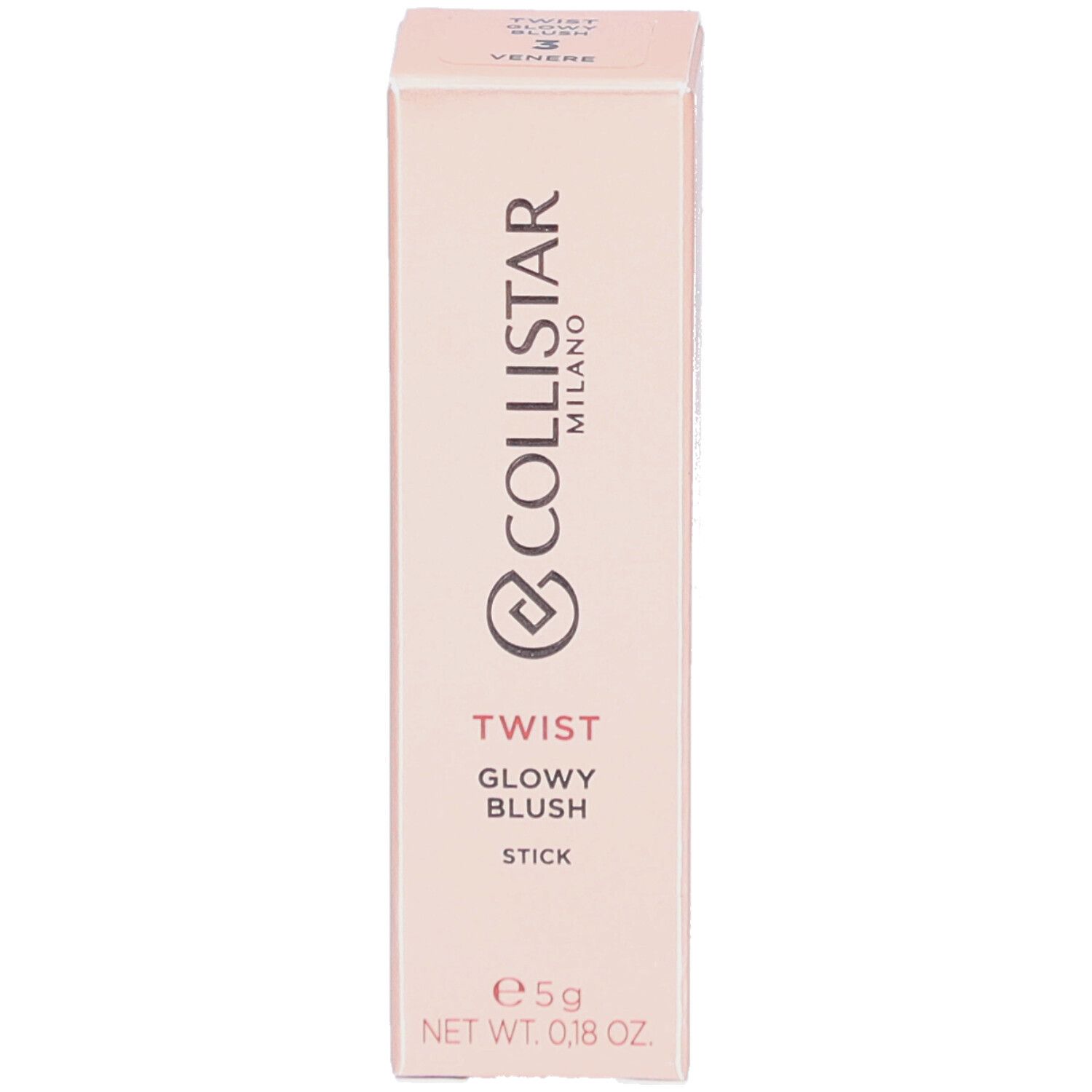 Blush stick in verpakking. Merk Collistar Milano. Roze verpakking met productinfo.