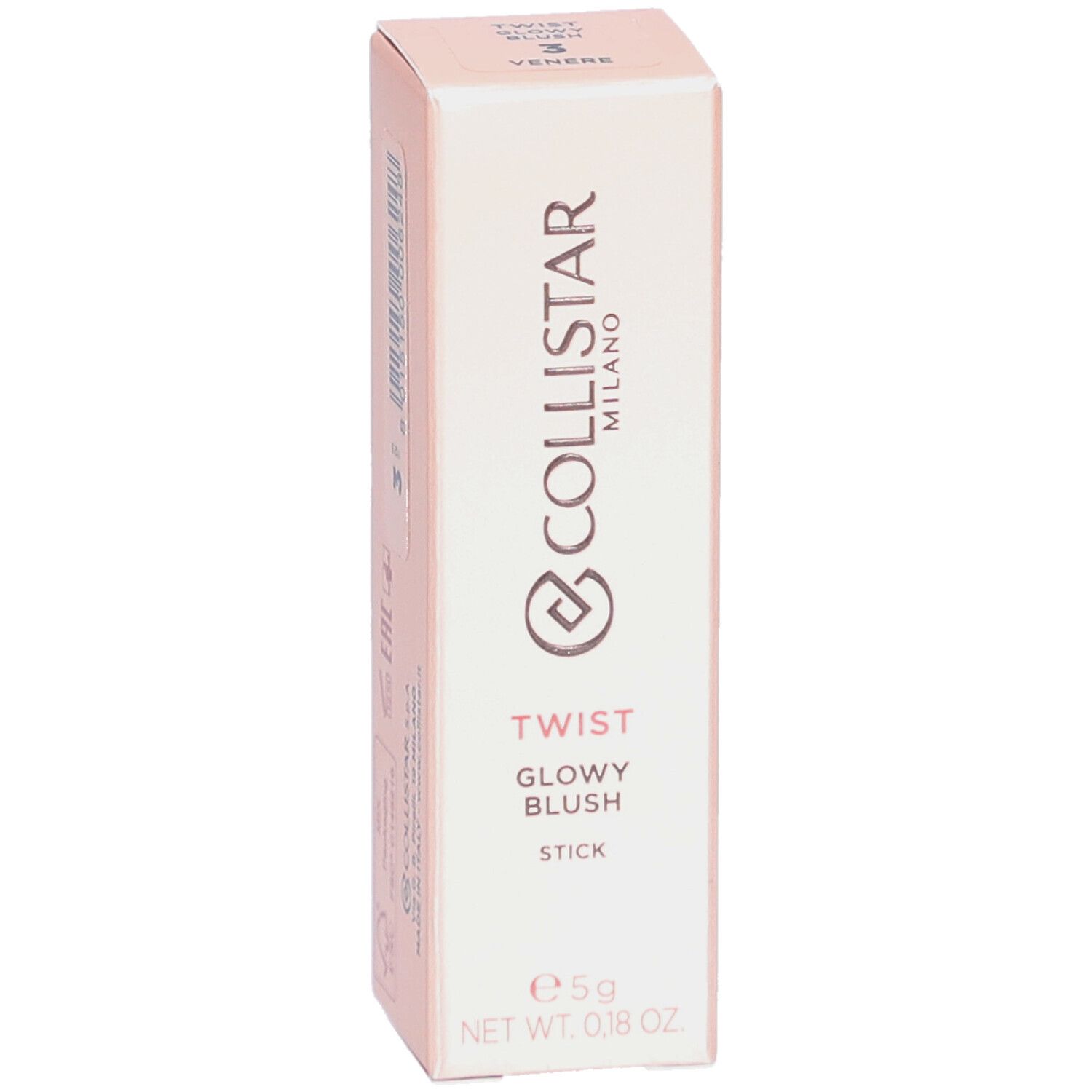 Blush stick in verpakking. Merk Collistar Milano. Roze verpakking met productinfo.