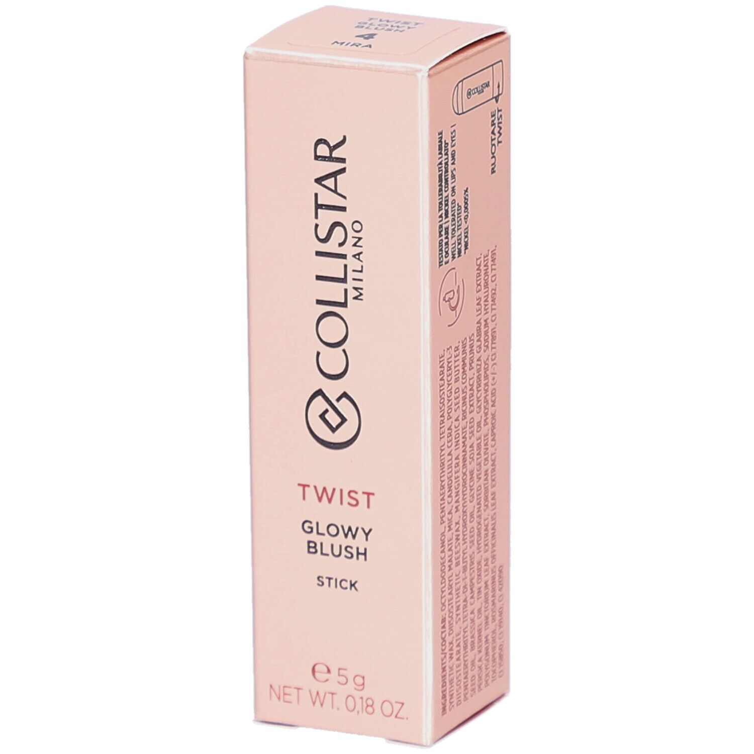 Collistar Twist Glowy Blush Stick in verpakking. Roze tint, productinformatie en logo zichtbaar.