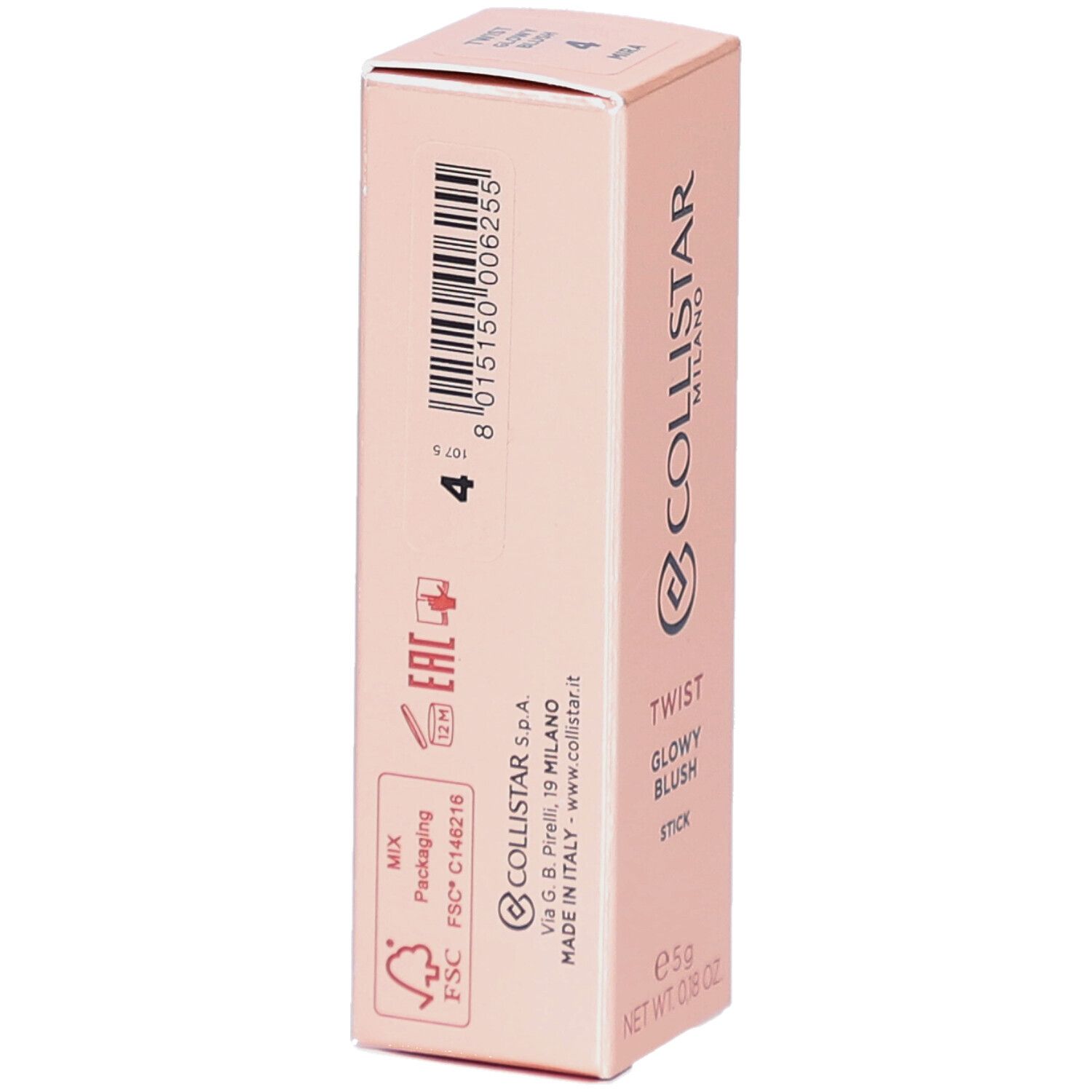 Verpakking van Collistar Twist Glowy Blush Stick. Barcode, productinformatie en logo zichtbaar.