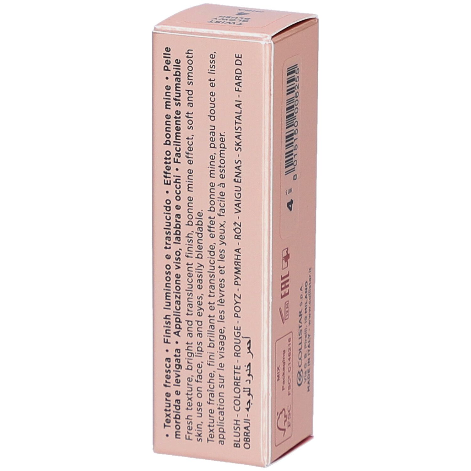 Verpakking van Collistar Twist Glowy Blush Stick. Productbeschrijving in meerdere talen.
