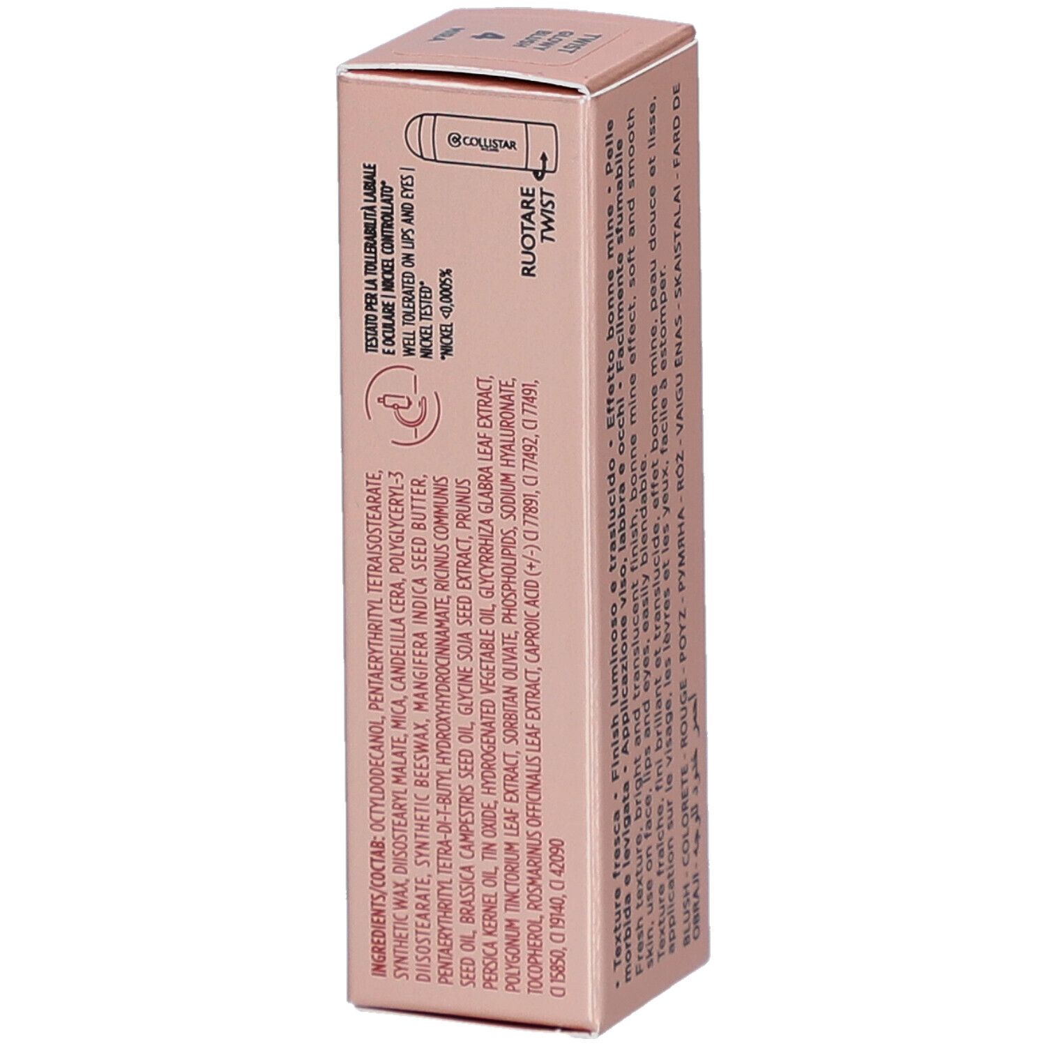 Verpakking van Collistar Twist Glowy Blush Stick. Ingrediënten en instructies.
