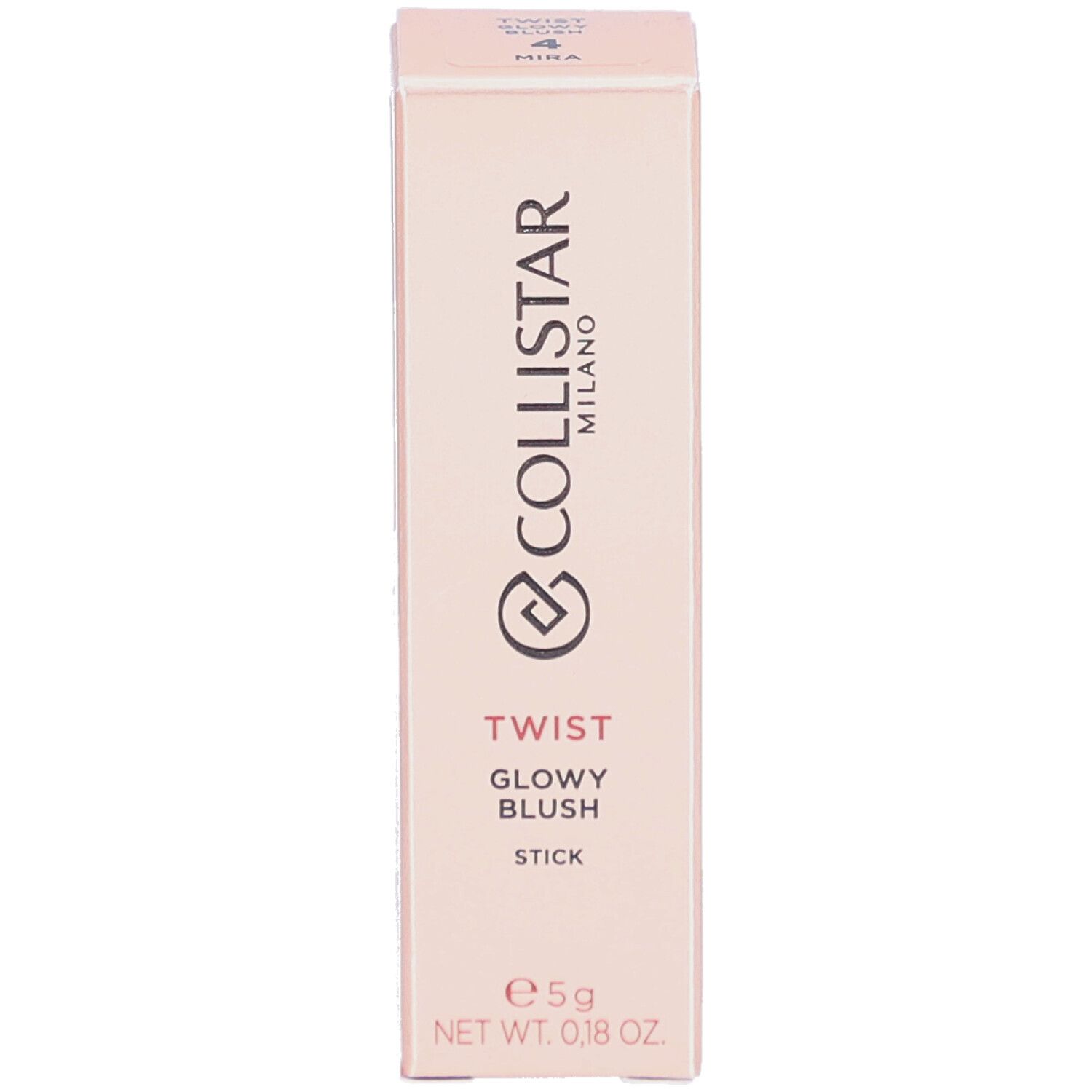 Verpakking van Collistar Twist Glowy Blush Stick. Productnaam, logo en nettogewicht.