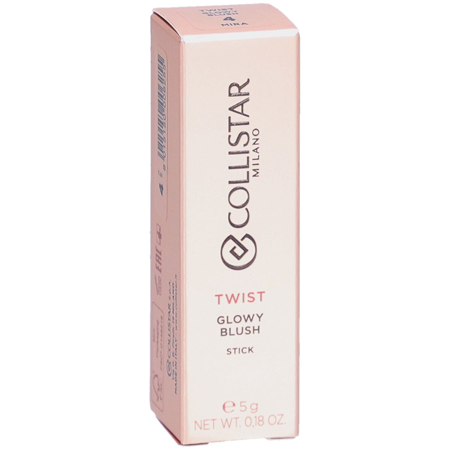 Verpakking van Collistar Twist Glowy Blush Stick. Productnaam, logo en nettogewicht.