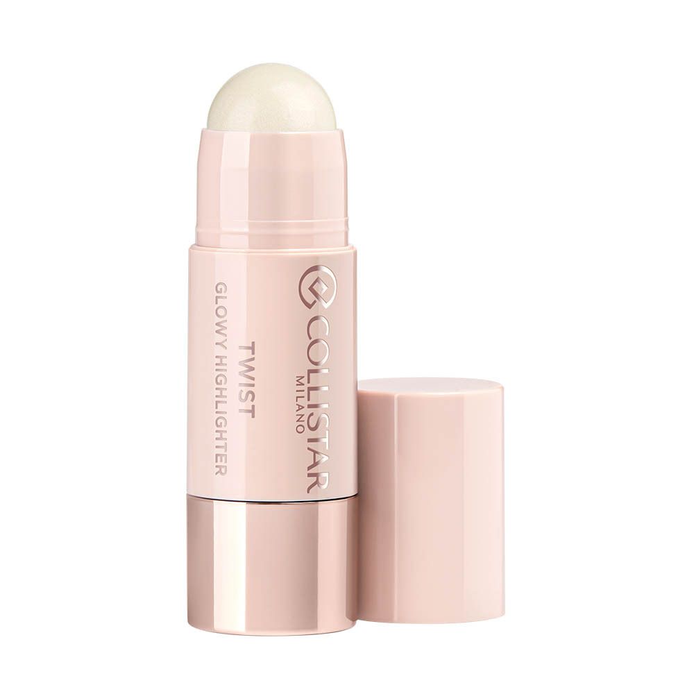 Highlighter-stick met open dop. Roze stick, zilverkleurige basis. Opschrift: Twist Glowy Highlighter, Collistar.