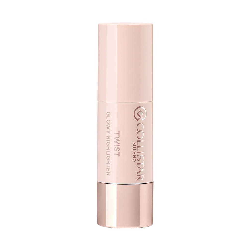 Cilindrische highlighter-stick. Roze behuizing, zilverkleurige basis. Opschrift: Twist Glowy Highlighter, Collistar.
