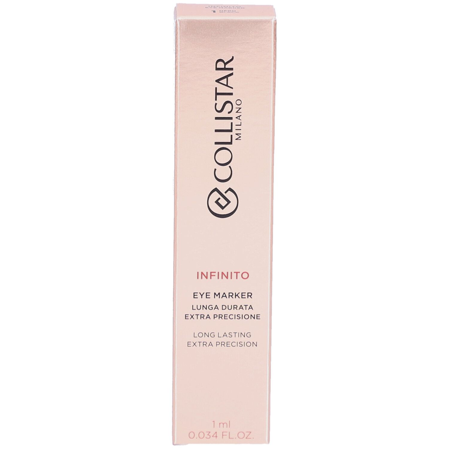 Roze verpakking met Collistar Milano Infinito Eye Marker. Tekst: Eye Marker, Extra precisie, 1 ml.