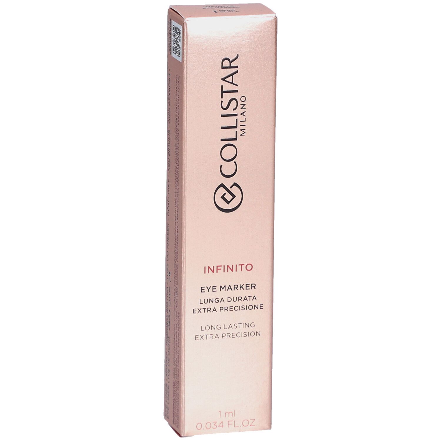 Roze verpakking met Collistar Milano Infinito Eye Marker. Tekst: Eye Marker, Extra precisie, 1 ml.