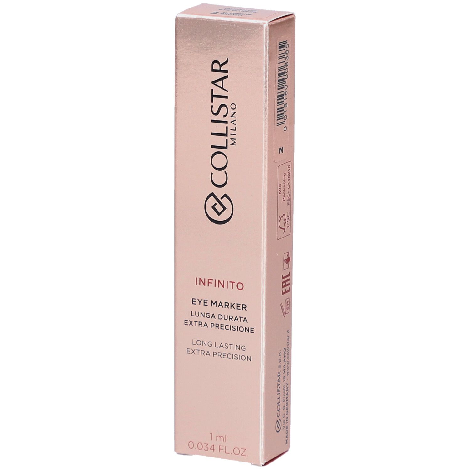 Collistar Infinito Eye Marker verpakking. Roze gouden doos met productnaam en logo. 1 ml.