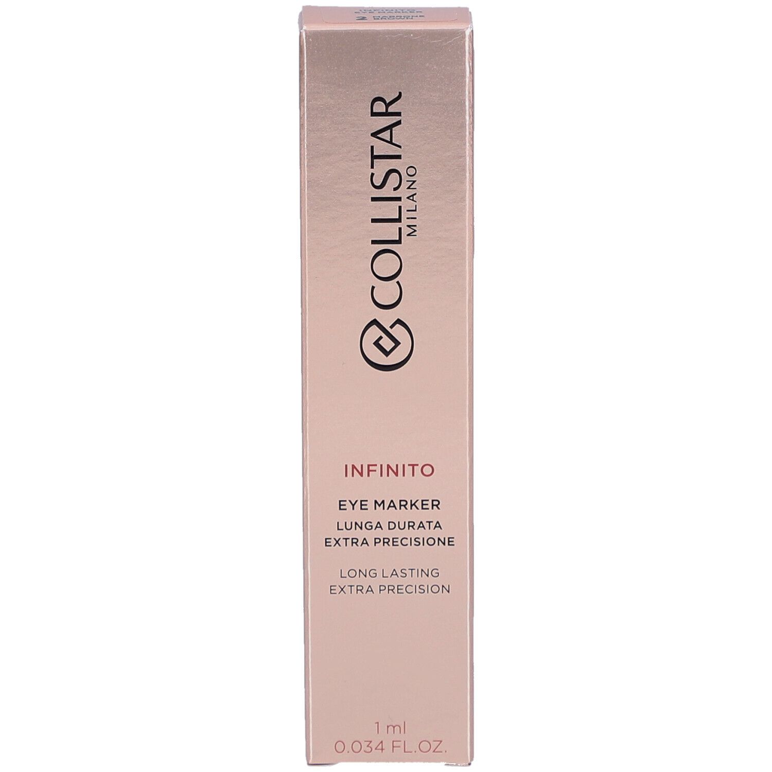 Collistar Infinito Eye Marker verpakking. Roze gouden doos met productnaam en logo.