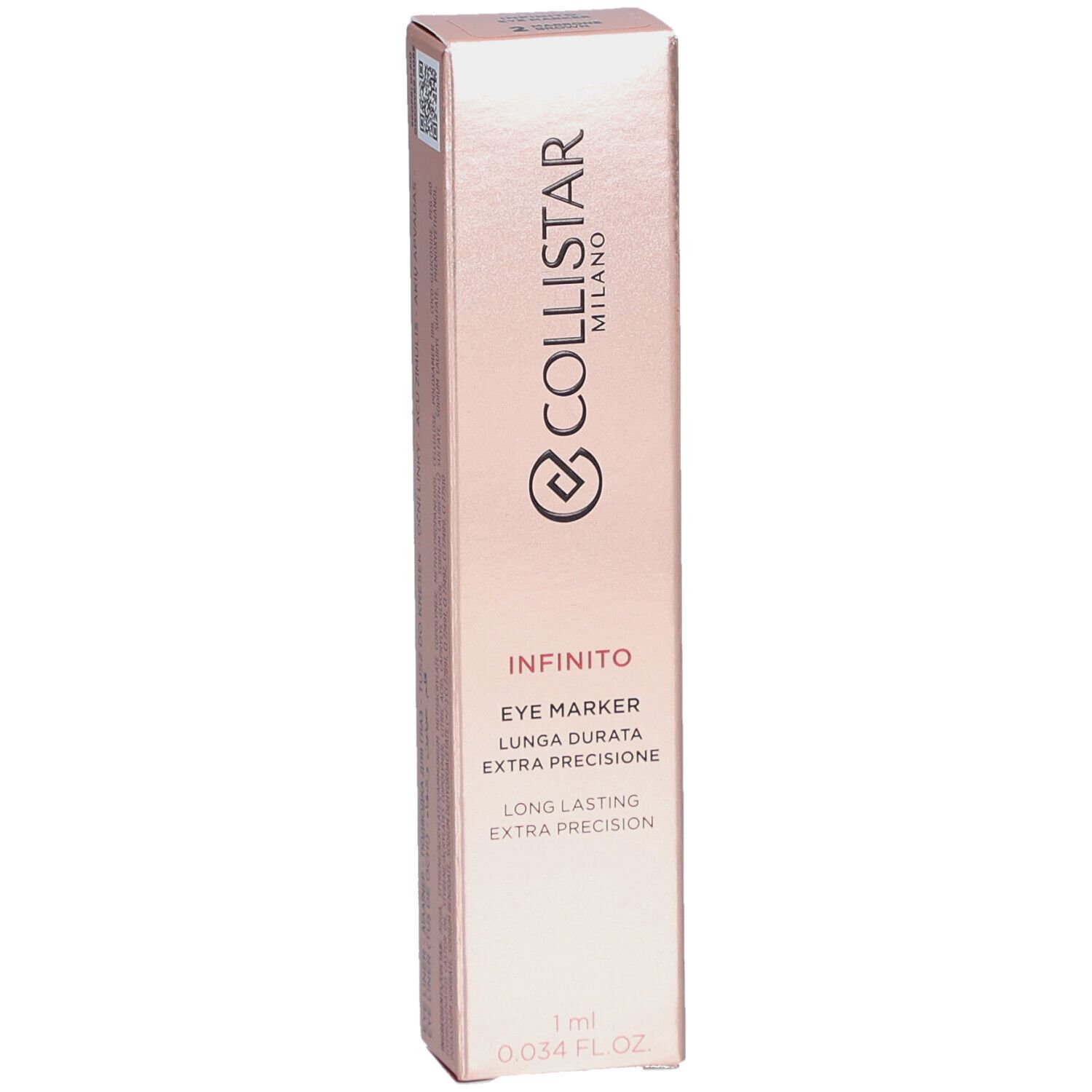 Collistar Infinito Eye Marker verpakking. Roze gouden doos met productnaam en logo.