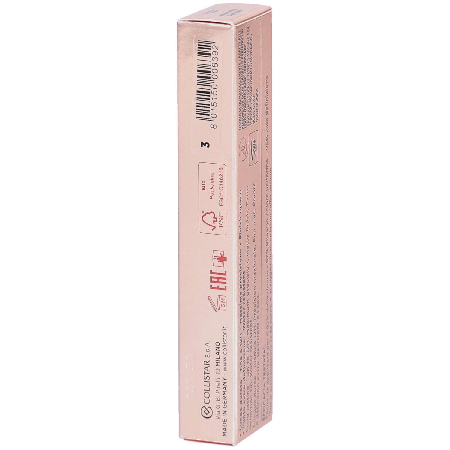 Roze verpakking. Collistar Milano Infinito Eye Marker. Tekst: Eye Marker, Lunga Durata, Extra Precisione. Barcode.