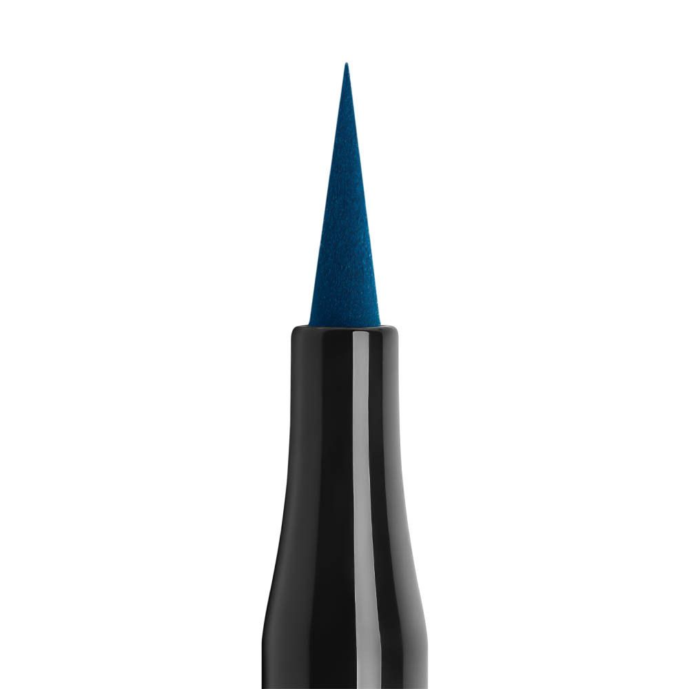 Eyeliner noir. Pointe bleue. Logo Collistar Milano. Gros plan de la pointe.