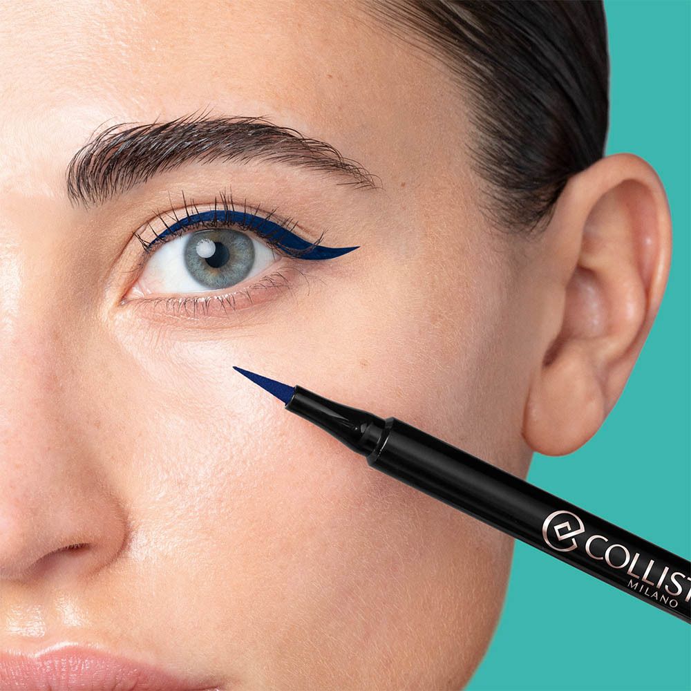 Femme avec eyeliner bleu. Logo Collistar Milano. Œil avec trait d'eye-liner.