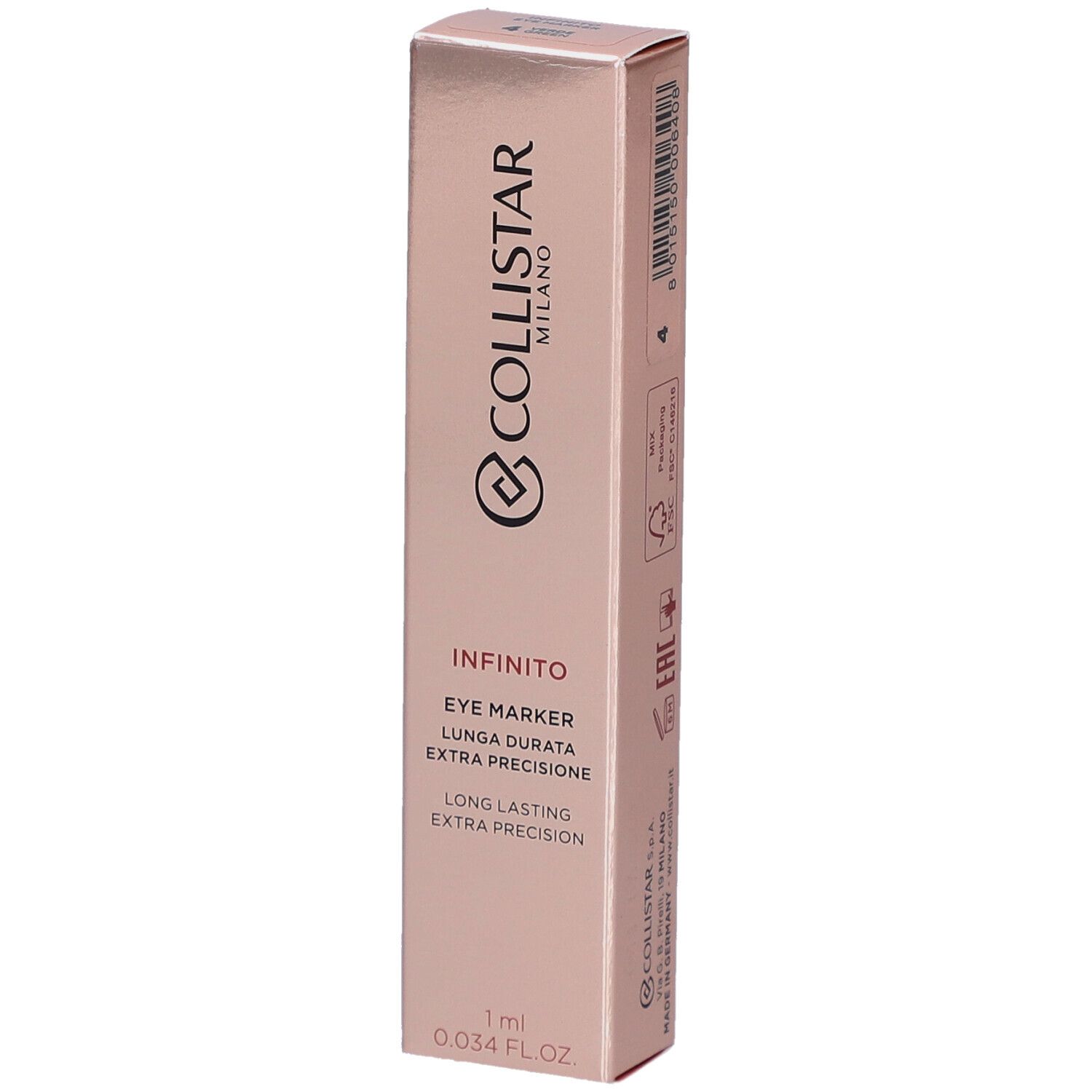 Verpakking Collistar Infinito Eye Marker. Roze gouden doos met productinfo en logo.