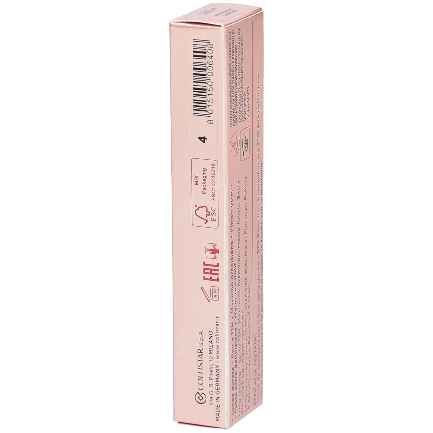 Zijkant verpakking Collistar Eye Marker. Barcode, recycling symbolen en fabrikant info.