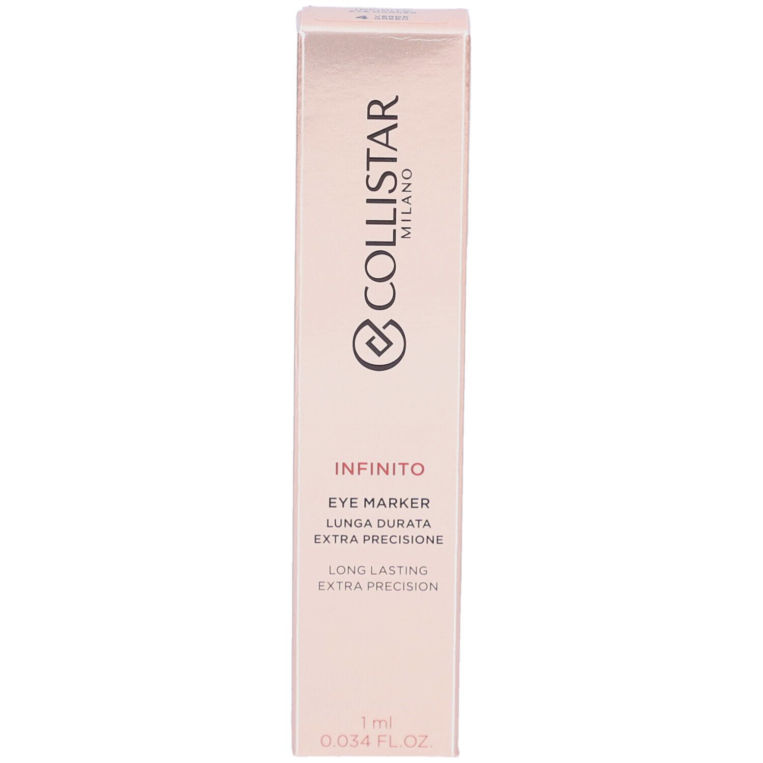 Verpakking Collistar Infinito Eye Marker. Roze gouden doos met productinfo en logo.