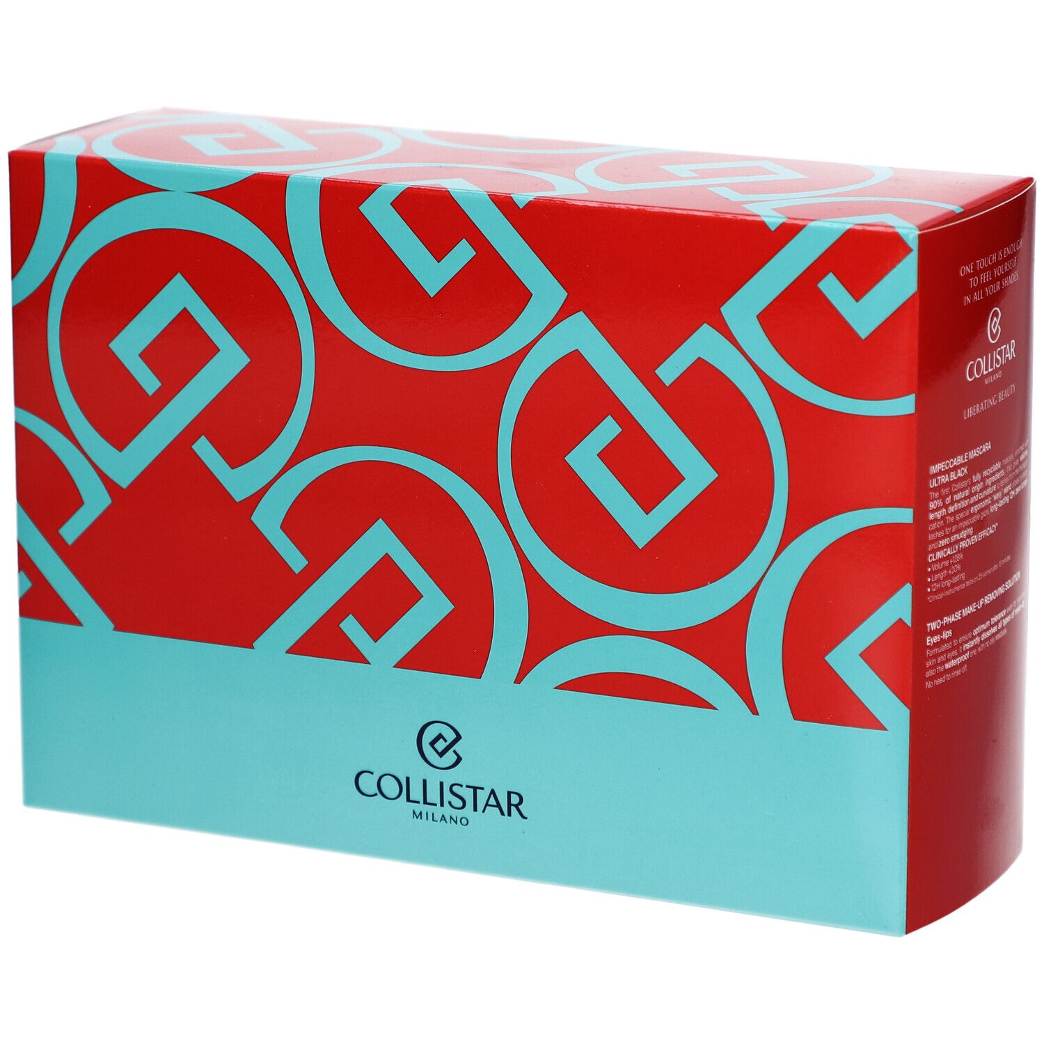 Boîte rectangulaire rouge avec motifs géométriques turquoise et logo. Partie inférieure turquoise.