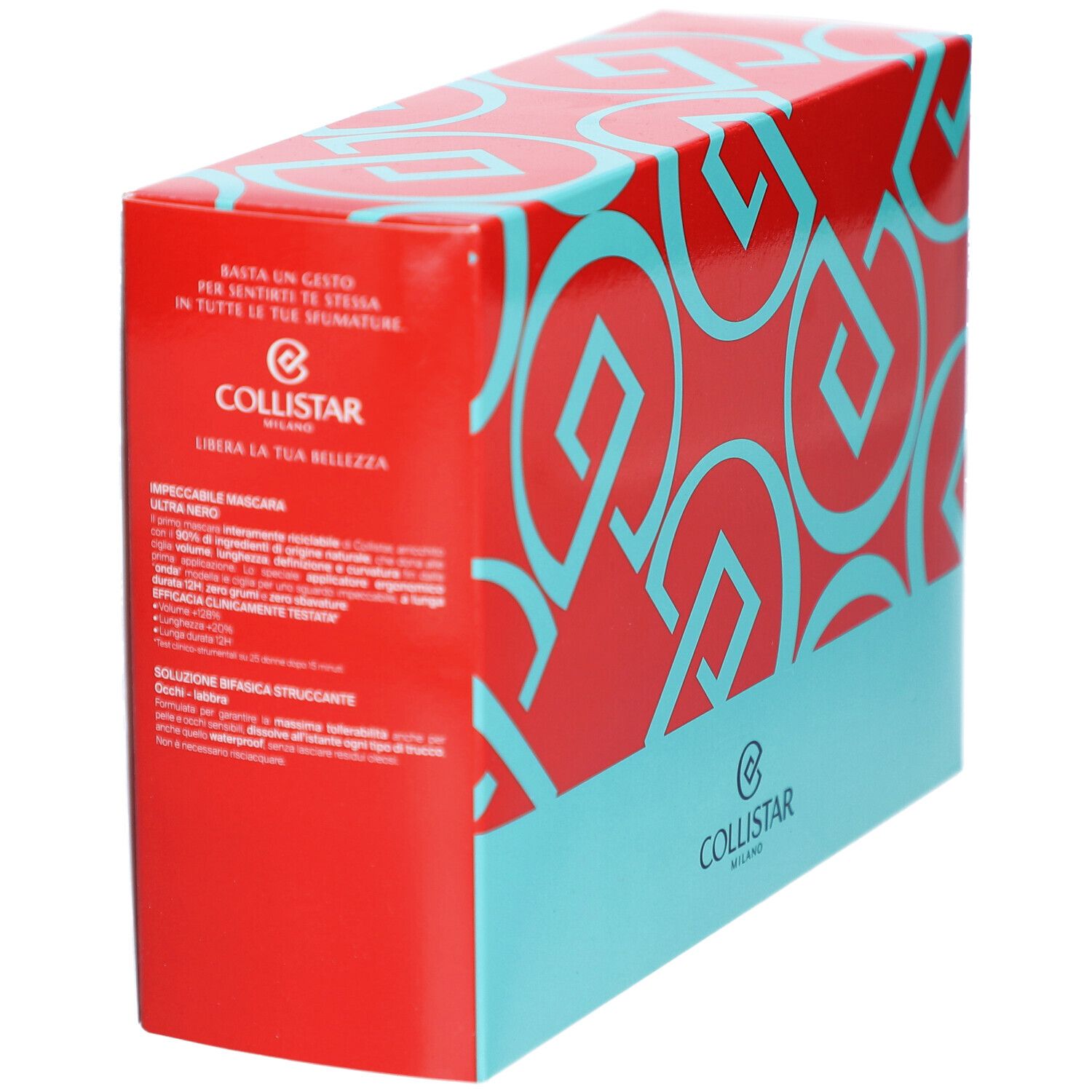 Boîte rectangulaire rouge avec motifs géométriques turquoise et texte. Logo et texte sur le côté.