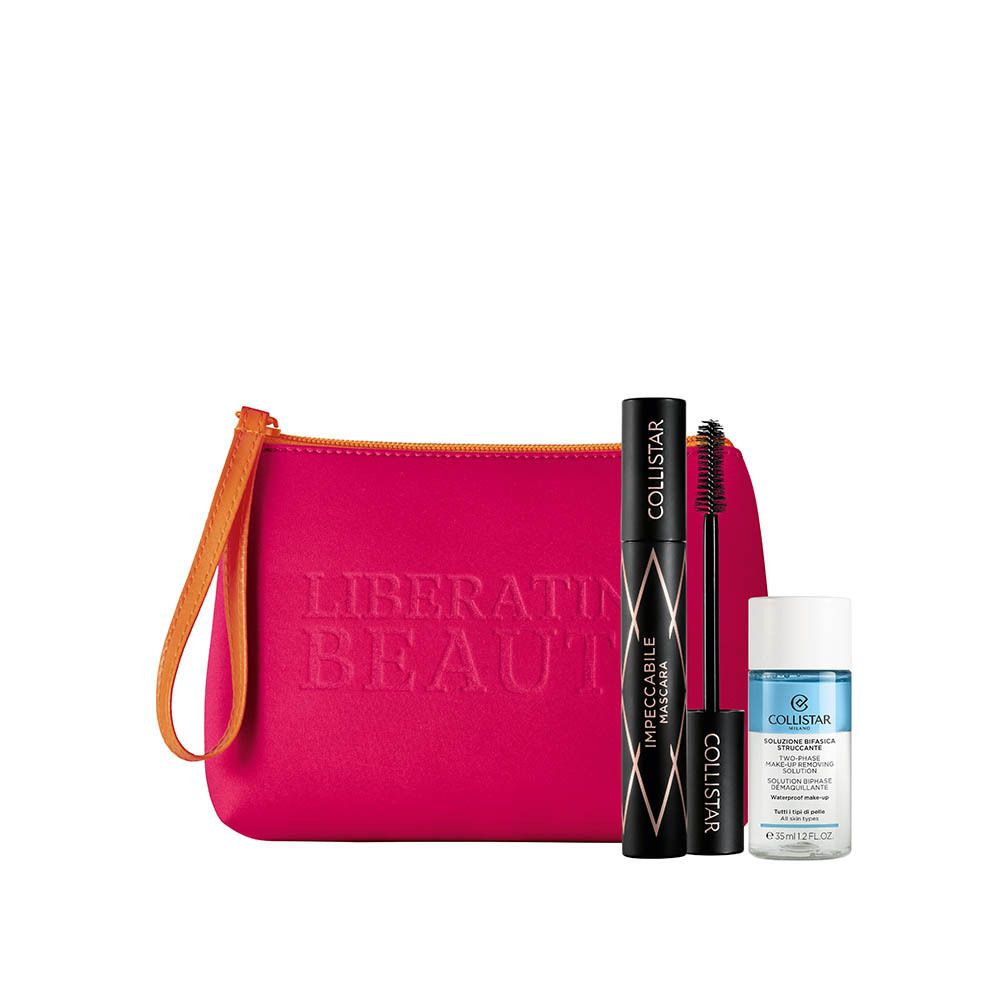 Ensemble avec mascara, démaquillant et trousse rose. Produits debout.