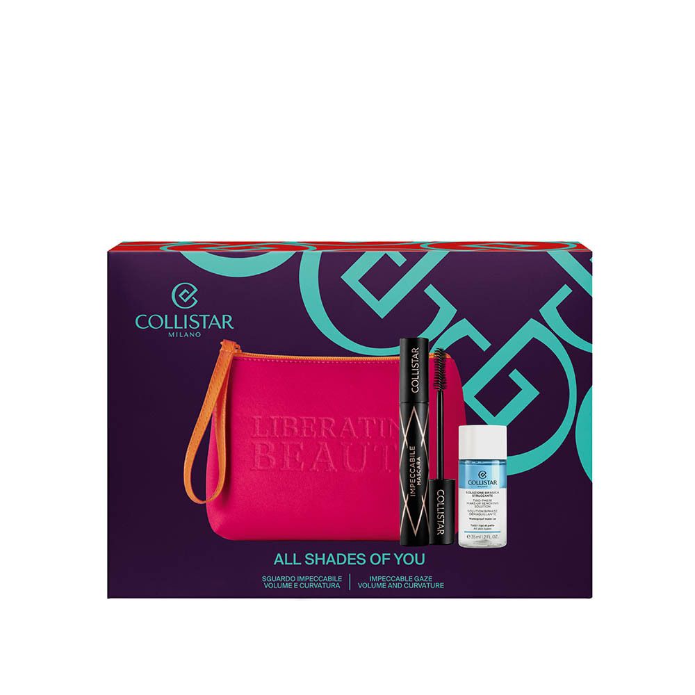 Ensemble avec mascara, démaquillant, trousse rose. Emballage avec motifs géométriques.