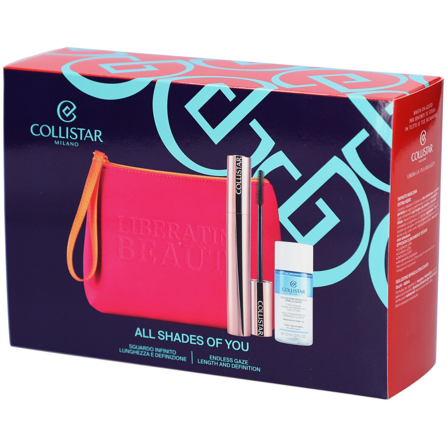 Coffret avec mascara, démaquillant et pochette. Pochette rose avec texte. Produits à côté.