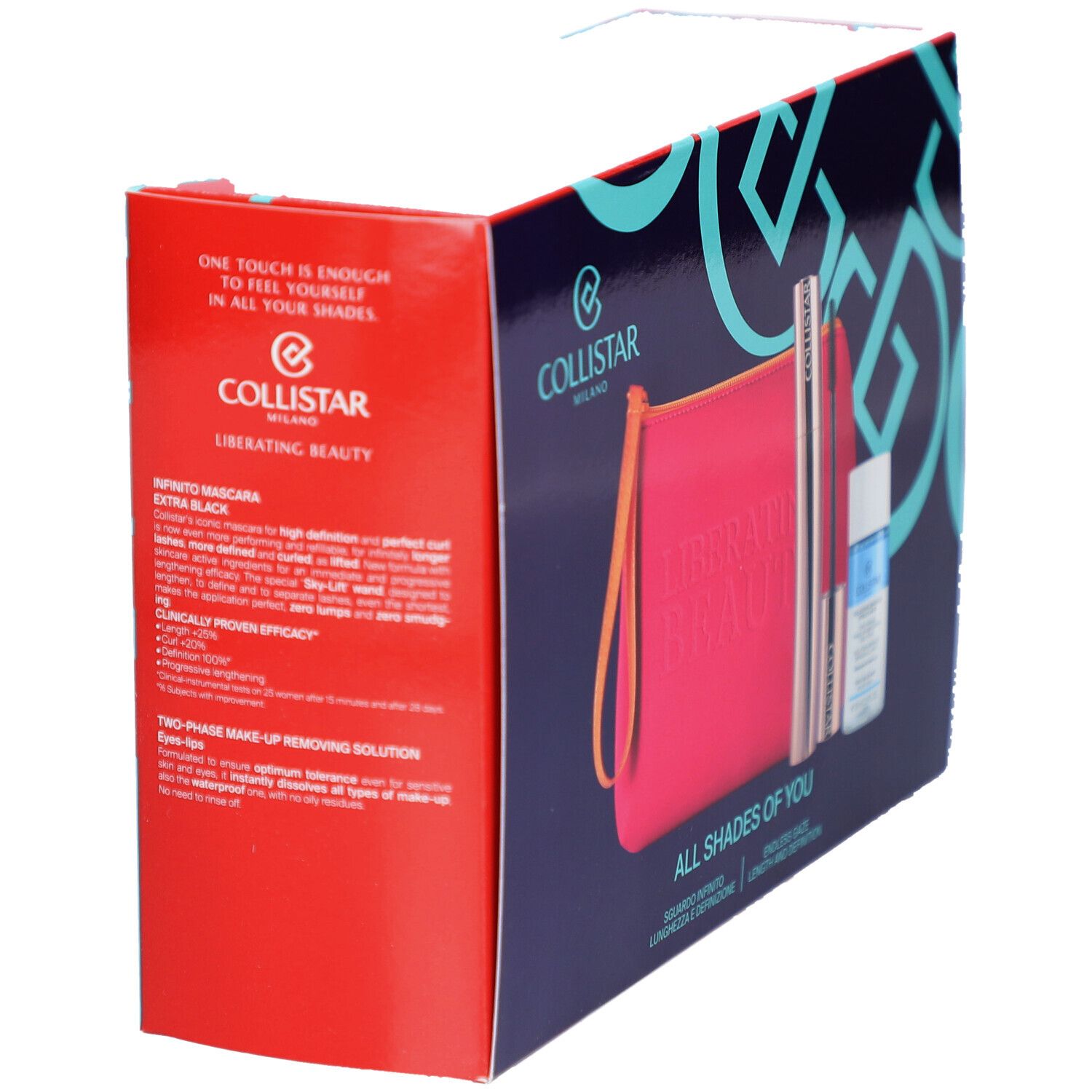 Coffret avec mascara, démaquillant et pochette. Pochette rose avec texte. Produits à côté.