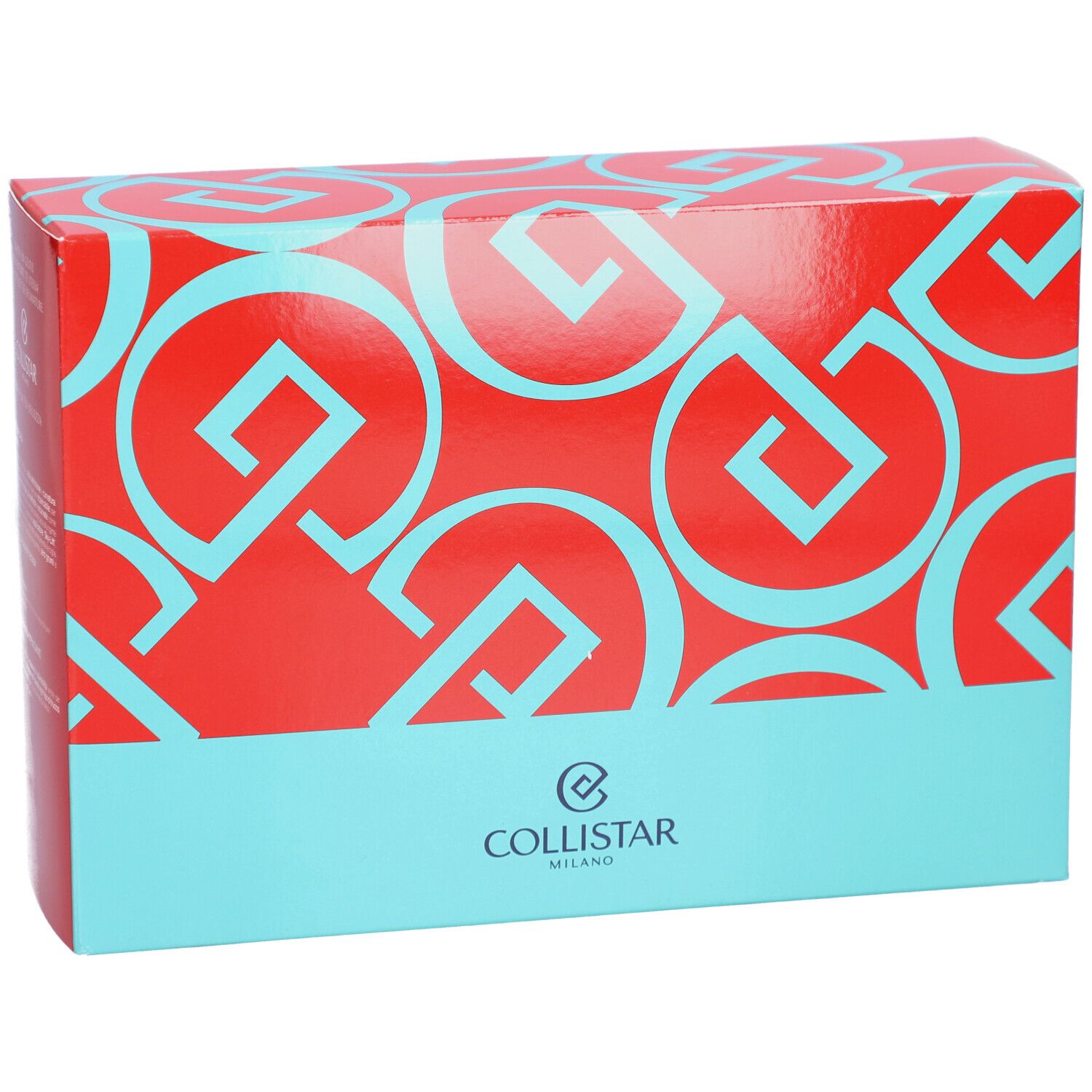 Coffret rouge et bleu. Motif de cercles et lettres. Bas bleu avec logo Collistar.