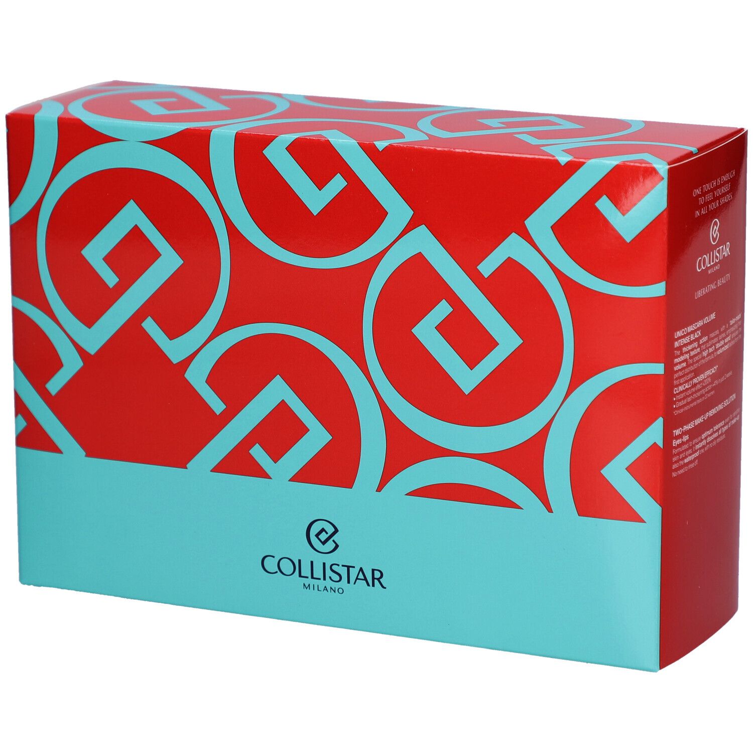Coffret rouge avec motifs géométriques turquoise et logo. Inscription : Collistar Milano.