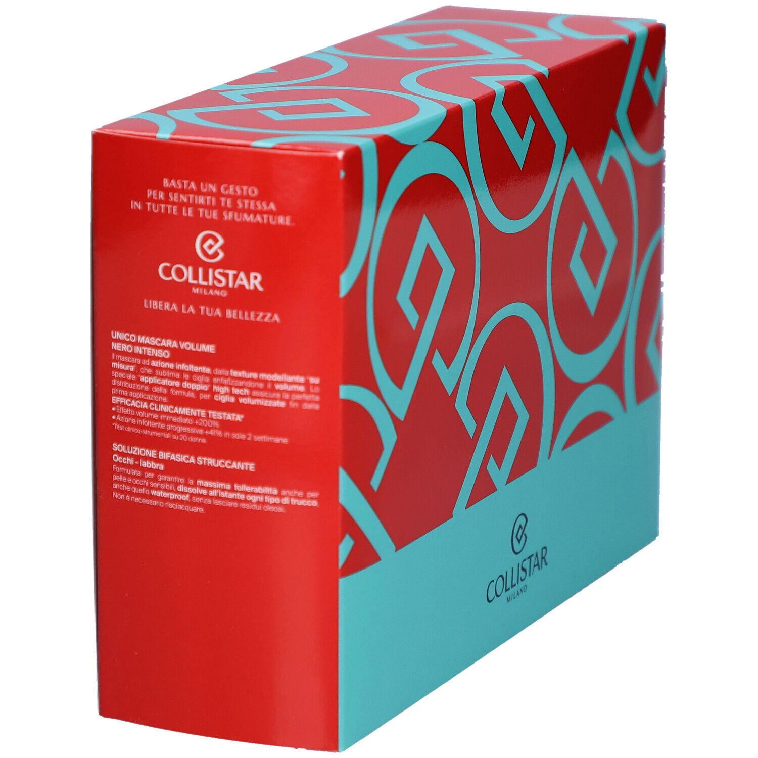 Coffret rouge avec motifs géométriques turquoise et texte. Logo : Collistar Milano.