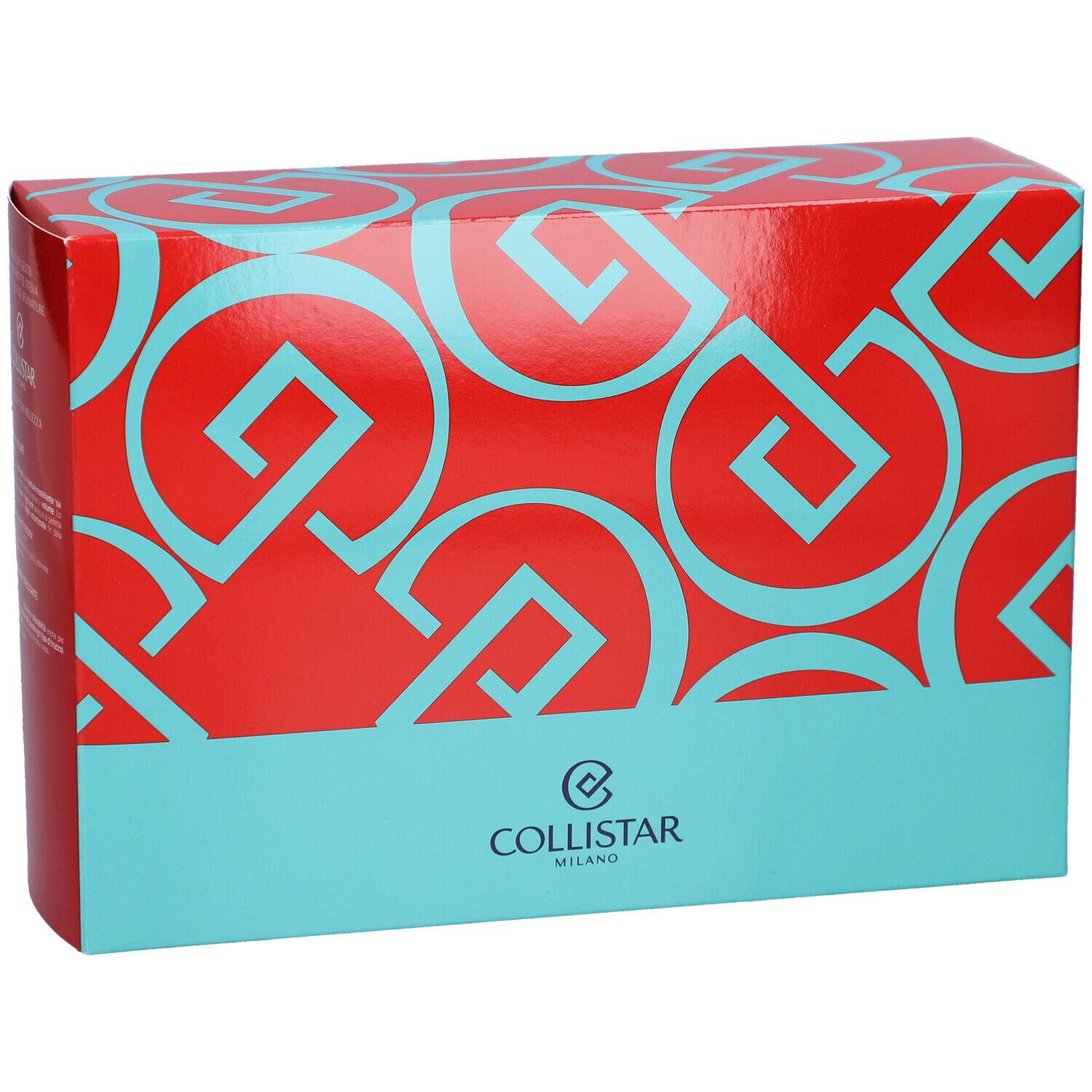 Coffret rouge avec motifs géométriques turquoise et logo. Inscription : Collistar Milano.