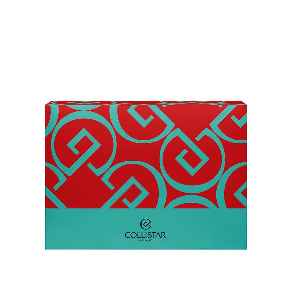 Coffret rouge avec motifs géométriques turquoise et logo. Inscription : Collistar Milano.