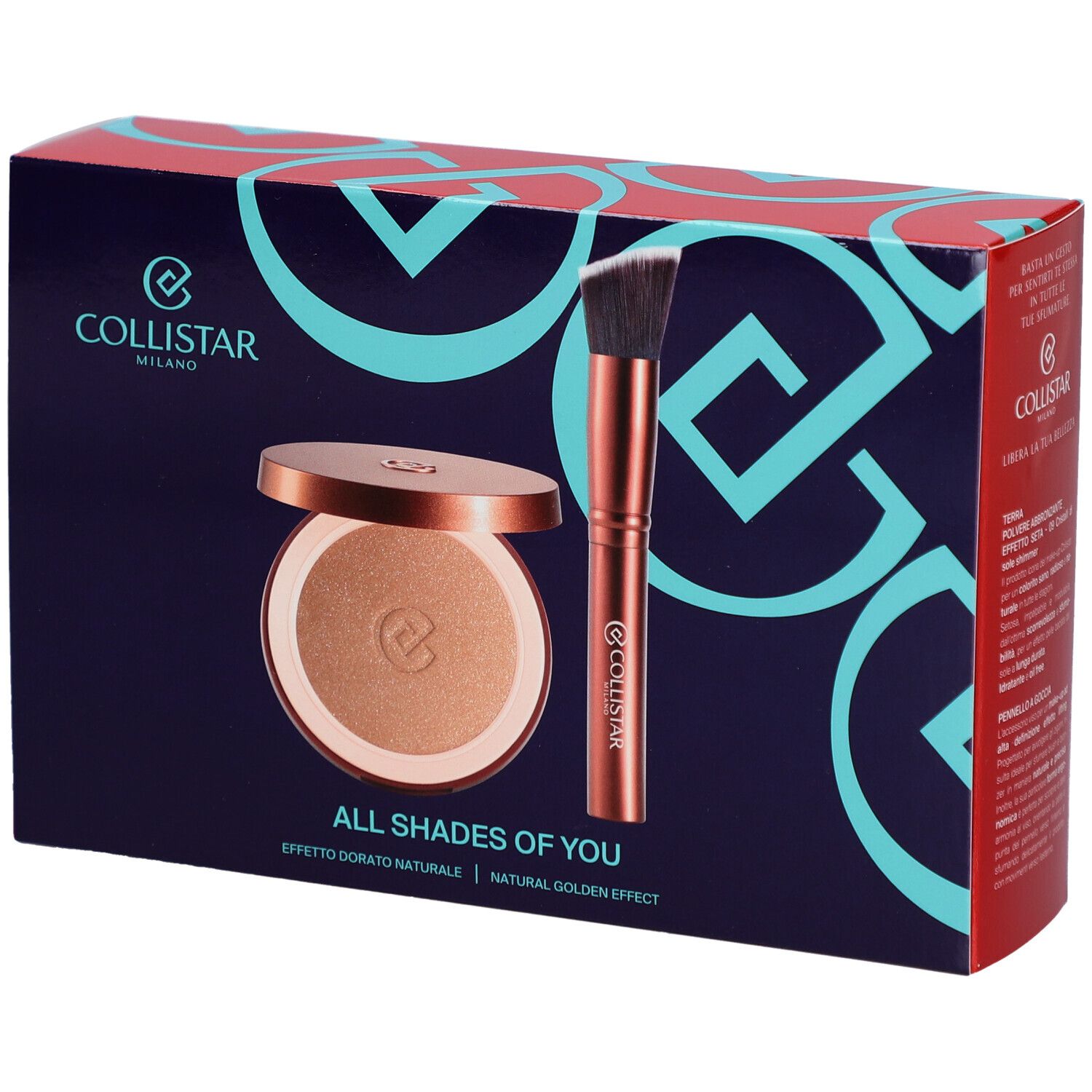 Cosmeticaset met bronzer, borstel en doos. Collistar Milano-logo.