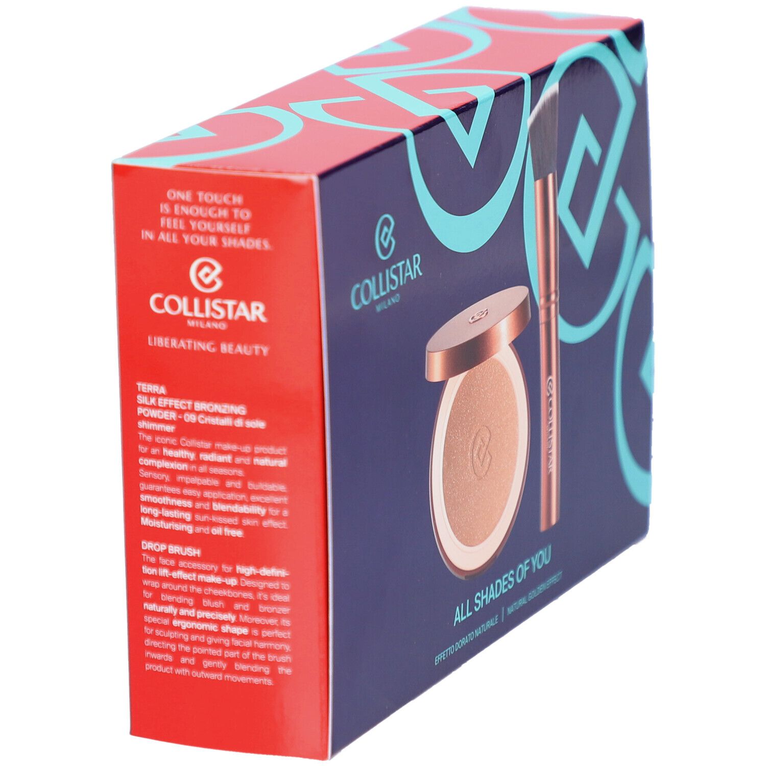 Cosmeticaset met bronzer, borstel en doos. Collistar Milano-logo.
