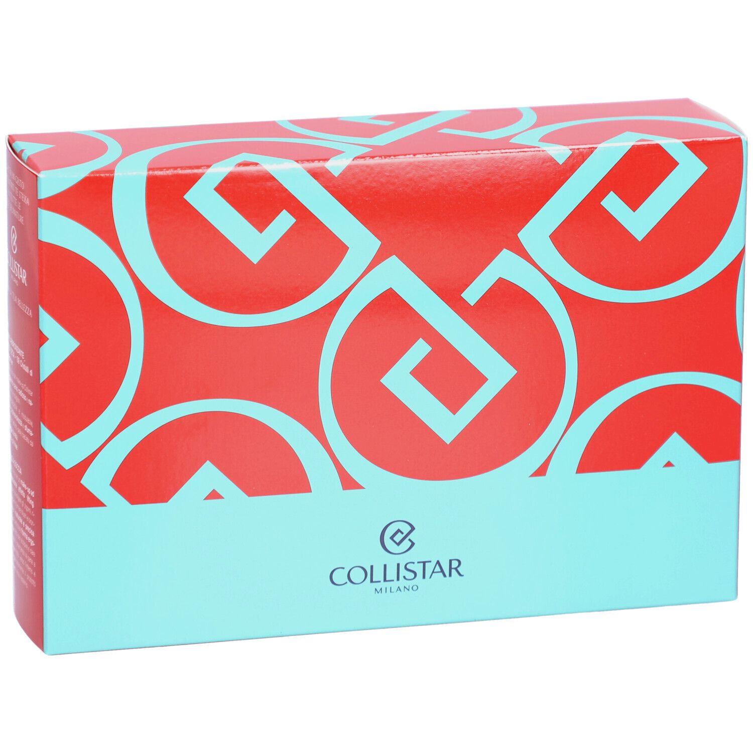 Rode en blauwe cosmetische doos. Het Collistar Milano-logo is zichtbaar.