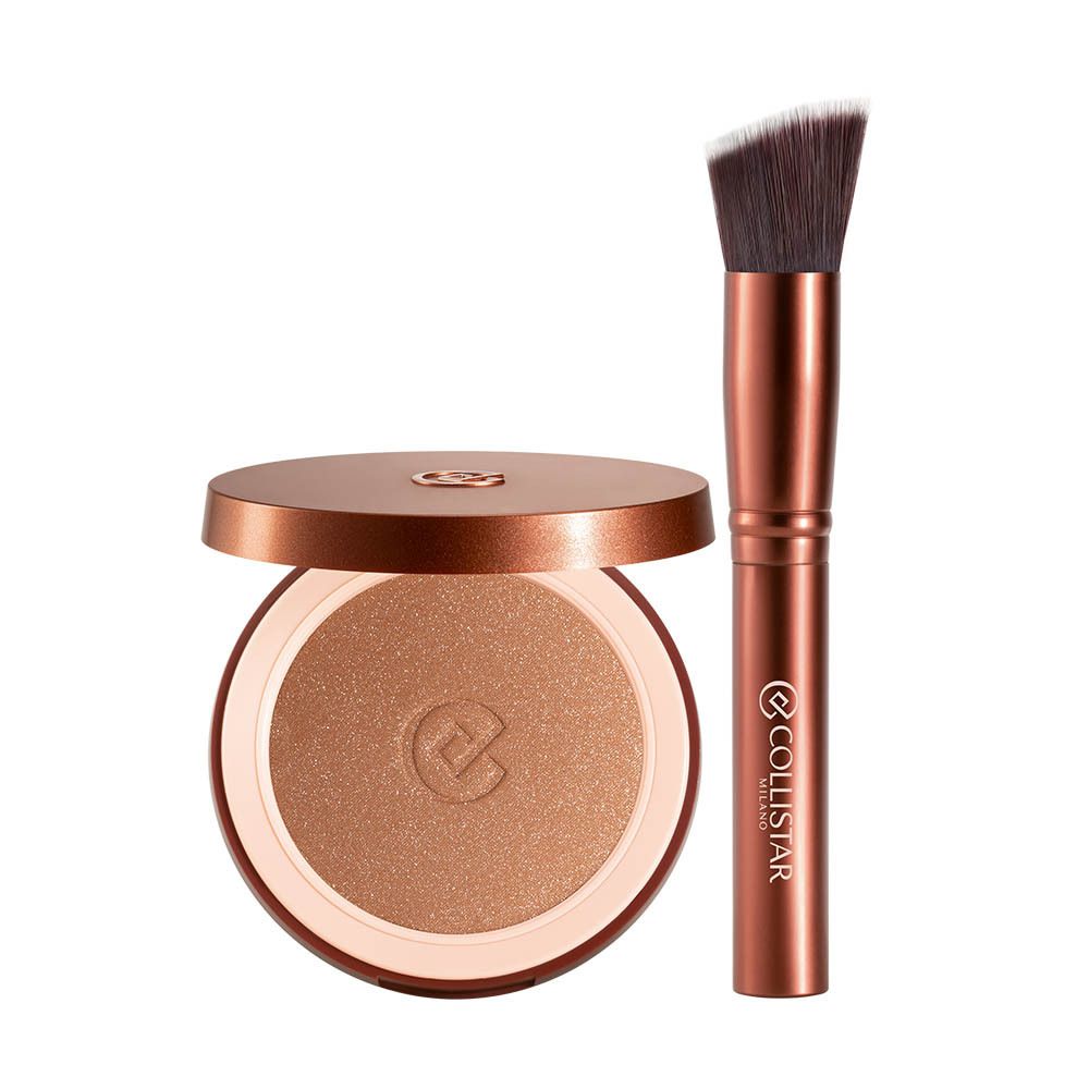 Bronzer, borstel en doos. Collistar Milano-logo. Opschrift: ALL SHADES OF YOU.