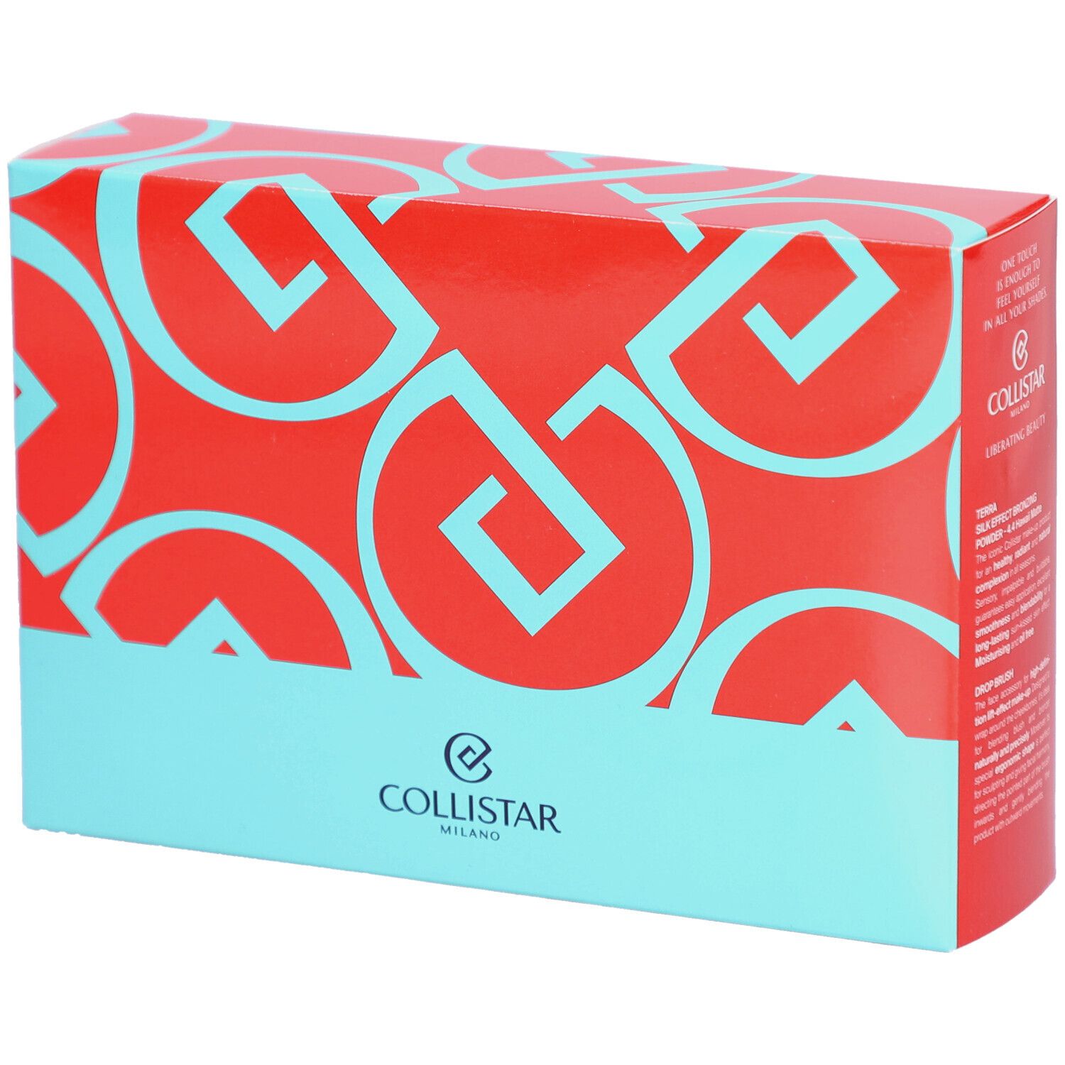 Boîte de set de maquillage. Rouge à motifs géométriques turquoise. Marque Collistar Milano.