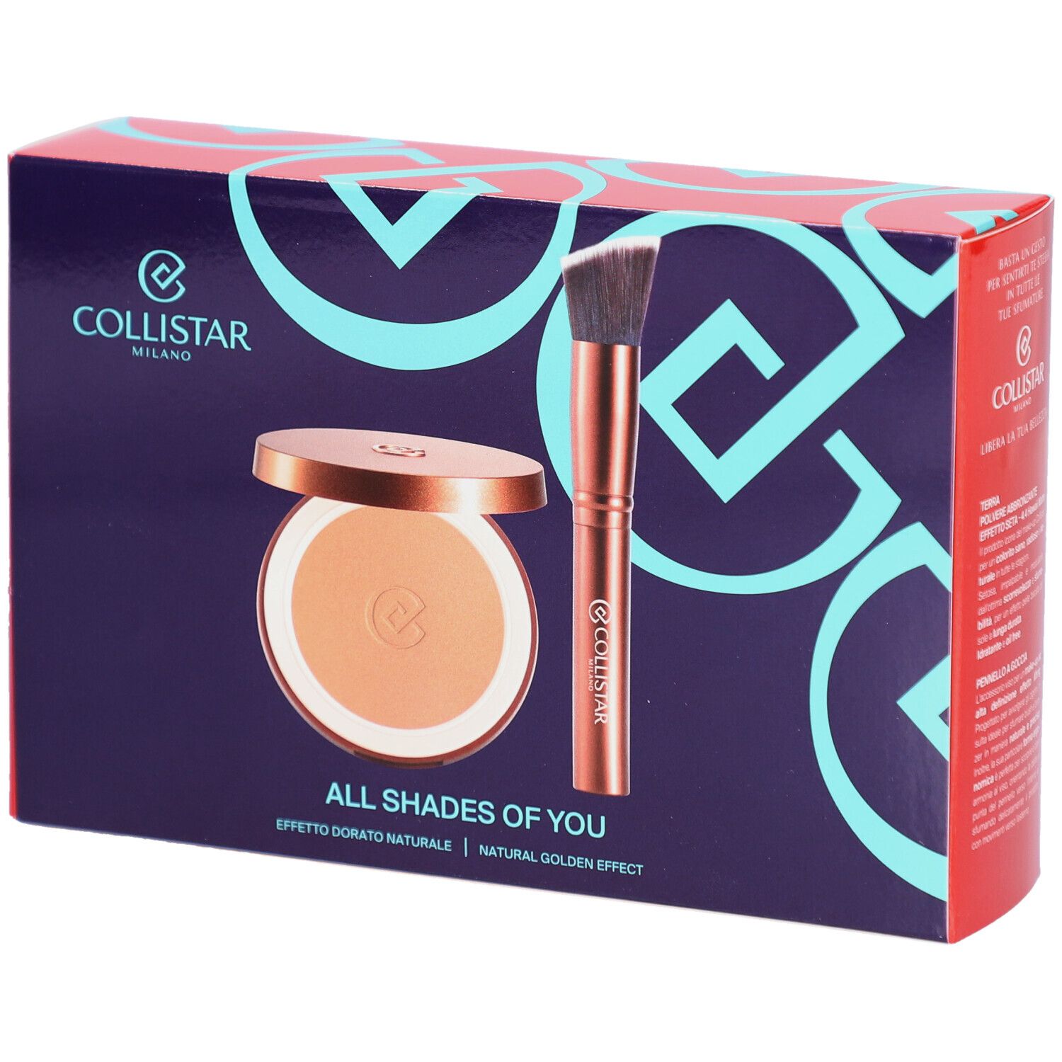 Set de maquillage avec poudre et pinceau. Poudre en boîtier, pinceau à manche en bois. Collistar.