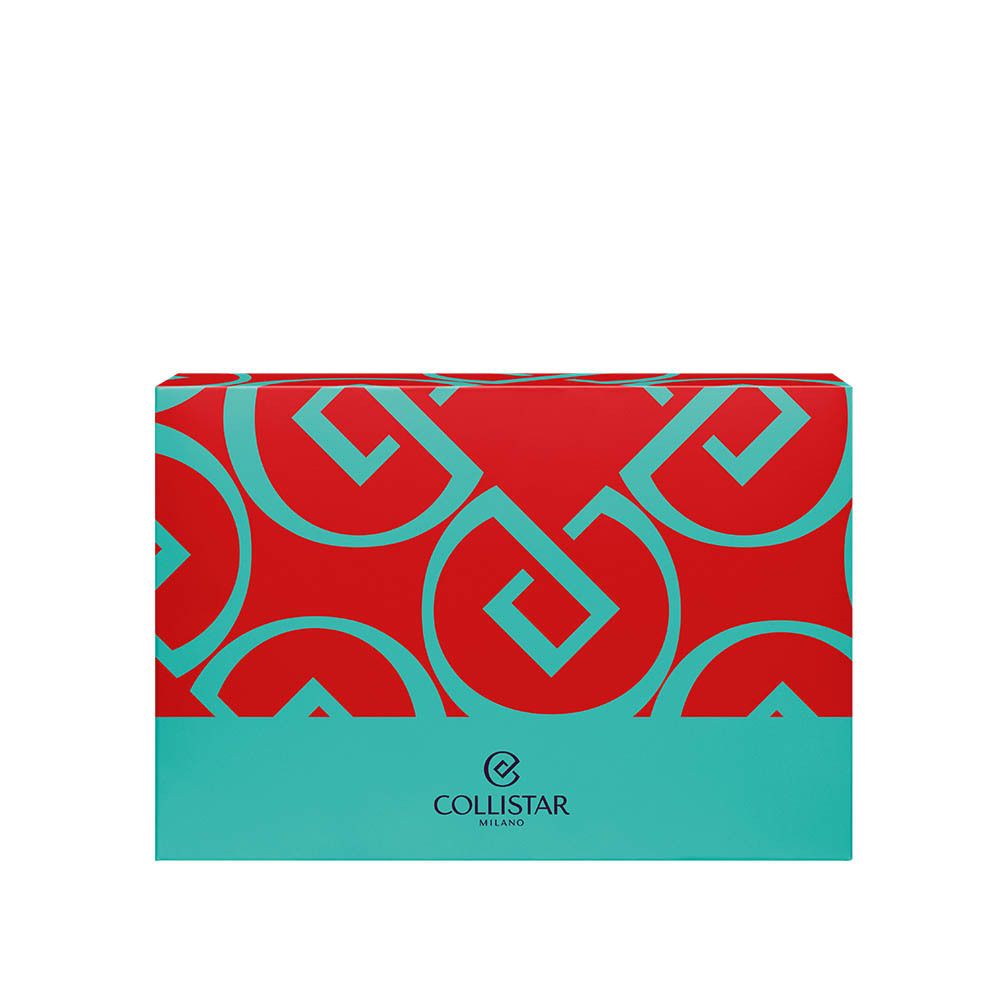 Make-up set verpakking. Rood met turquoise geometrische patronen. Merk Collistar Milano.