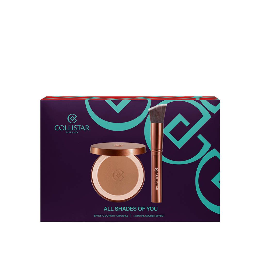 Make-up set met poeder en kwast. Poeder in doosje, kwast met houten steel. Collistar.