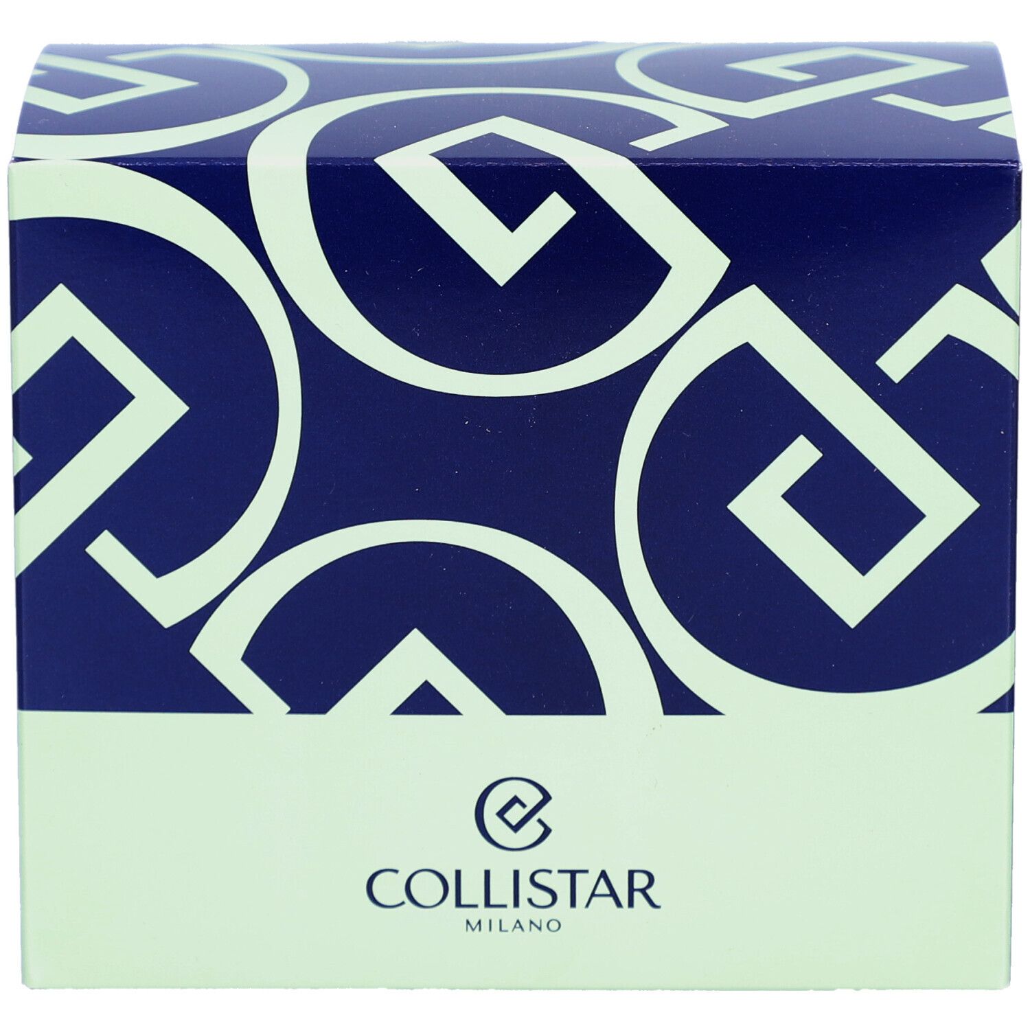 Boîte cosmétique bleue et blanche. Logo et texte Collistar Milano. Motif de lettres blanches.