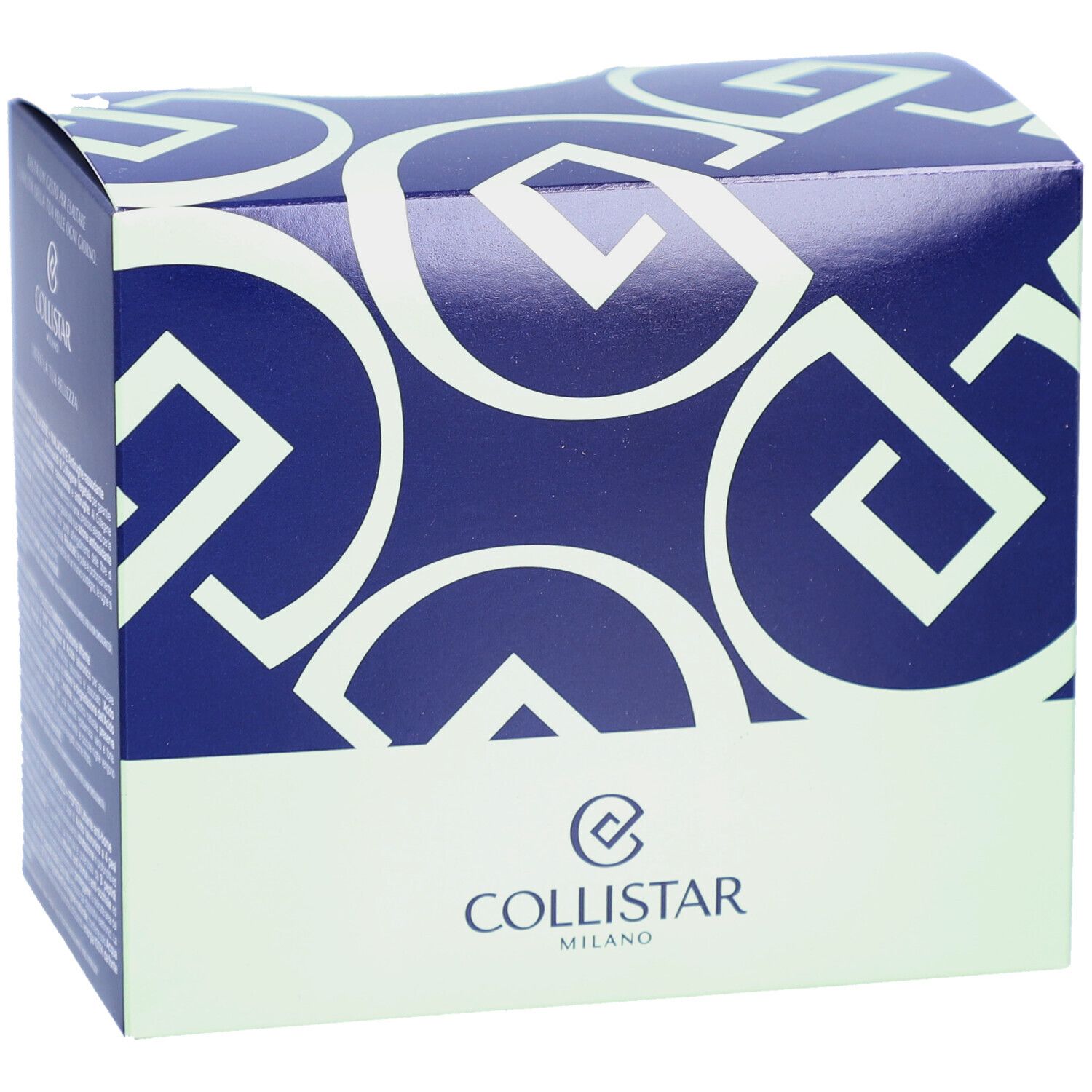 Boîte cosmétique bleue et blanche. Logo et texte Collistar Milano. Motif de lettres blanches.