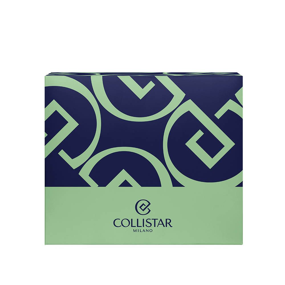 Cosmetische doos met groen patroon. Logo Collistar Milano. Producten: crème, serum, oogcrème. Witte achtergrond.