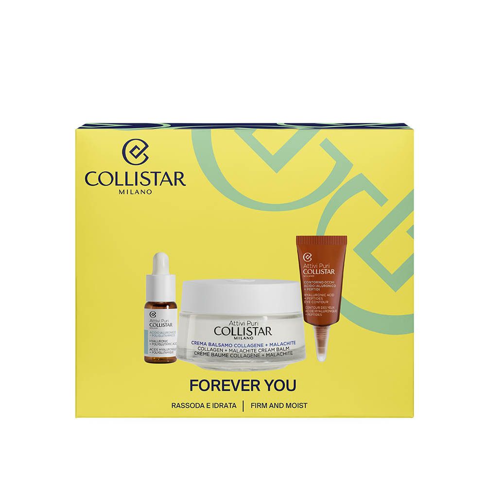 Gele cosmetische doos met producten. Logo Collistar Milano. Producten: crème, serum, oogcrème. Tekst: Forever You. Rassoda e idrata.