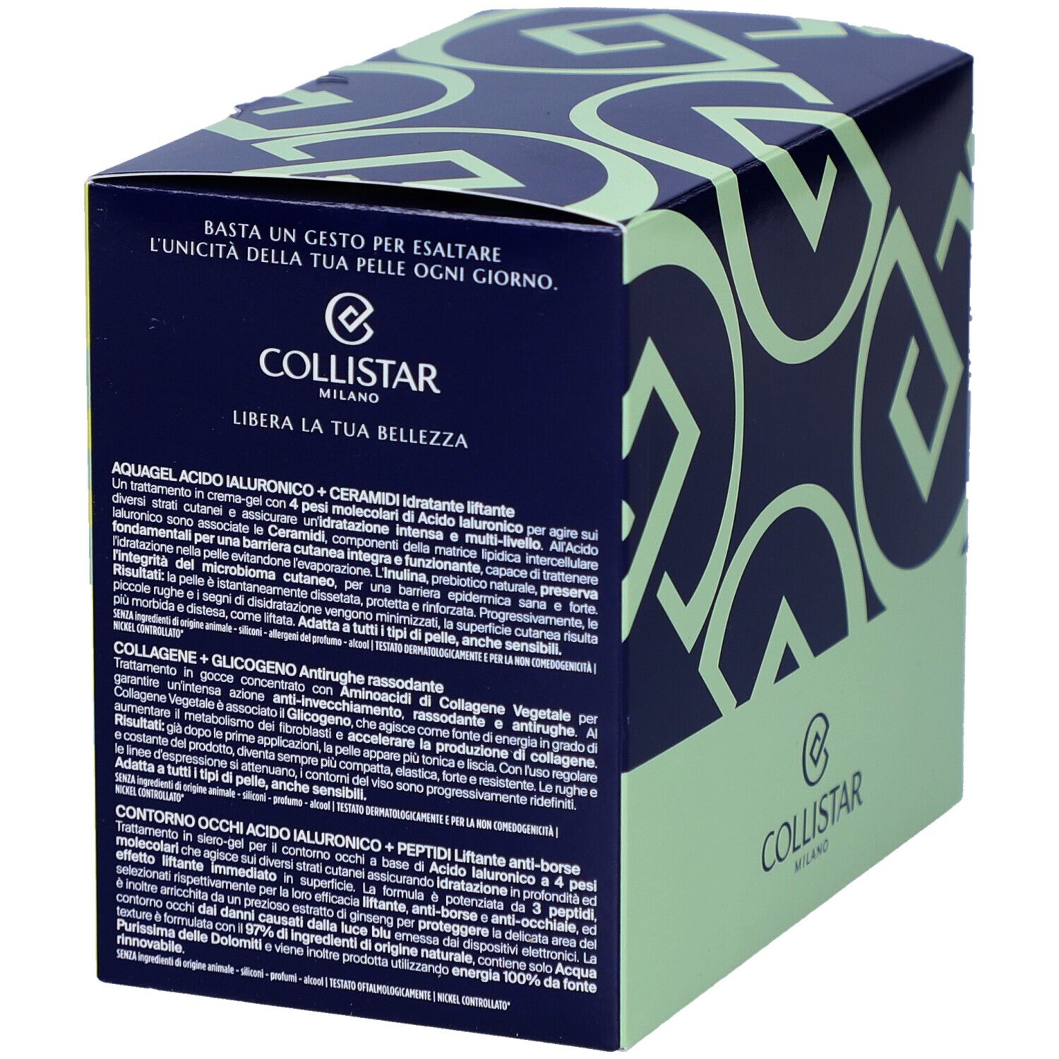 Donkerblauwe doos met groene basis. Tekst: Collistar Milano. Productinformatie.
