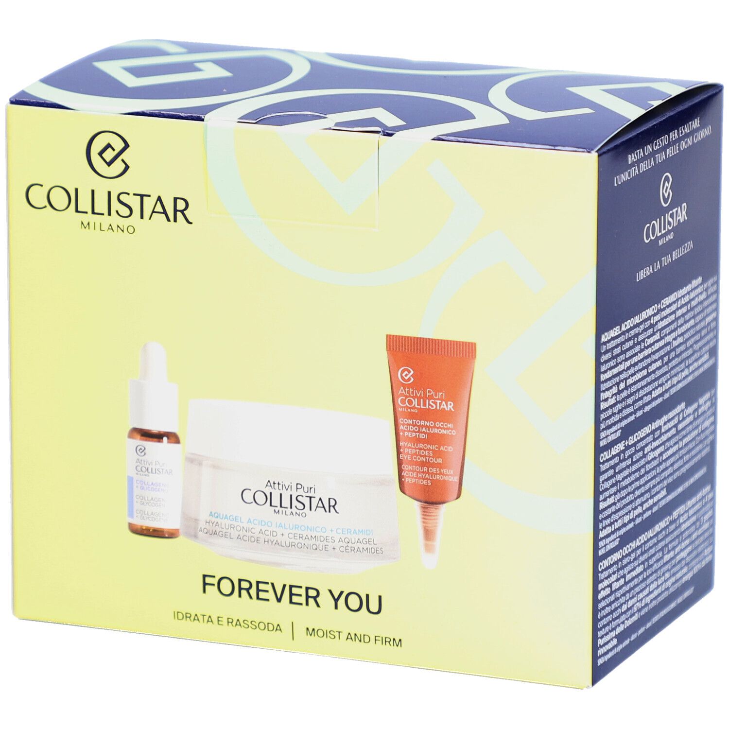Gele doos met producten. Bevat: serum, crème, oogcrème. Tekst: Collistar.
