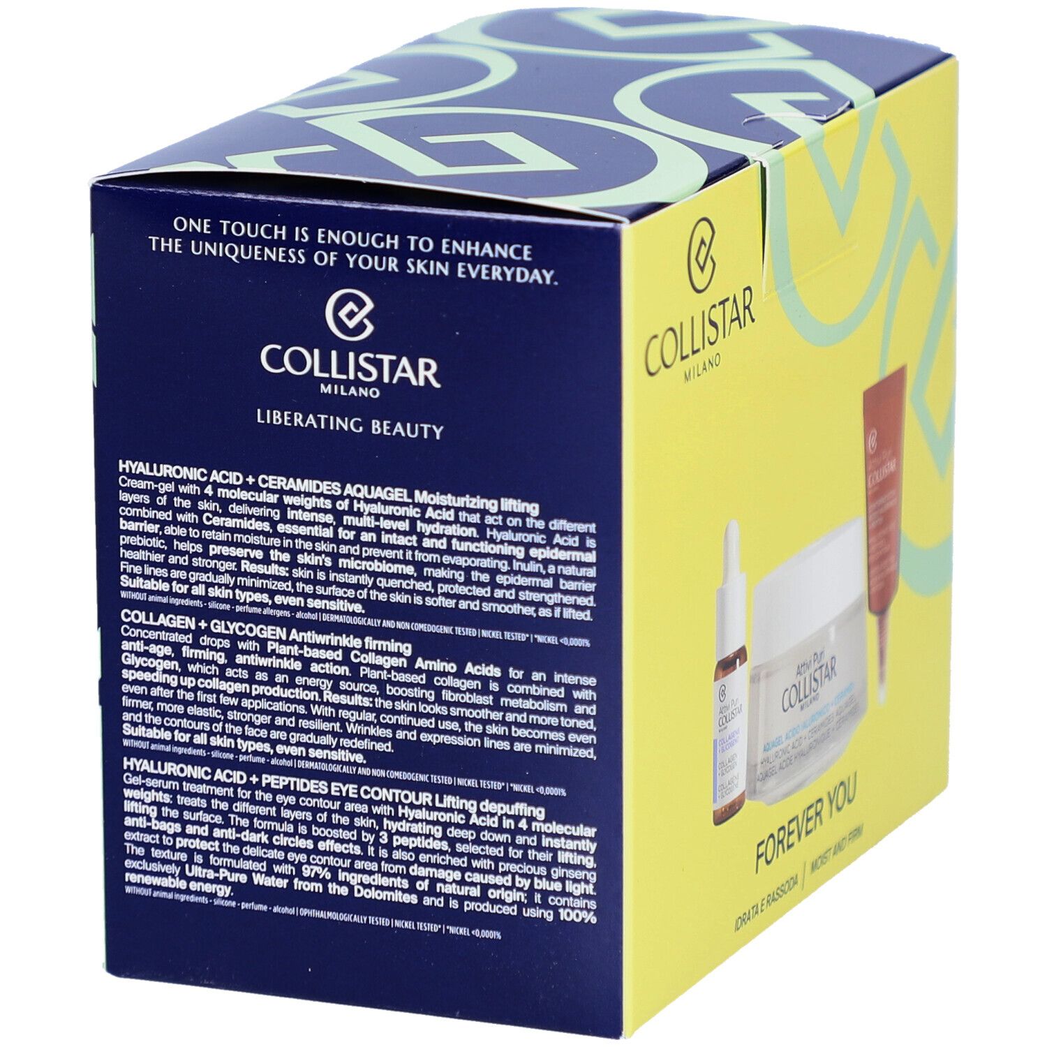 Gele doos met producten. Tekst: Collistar Milano. Bevat: serum, crème, oogcrème.
