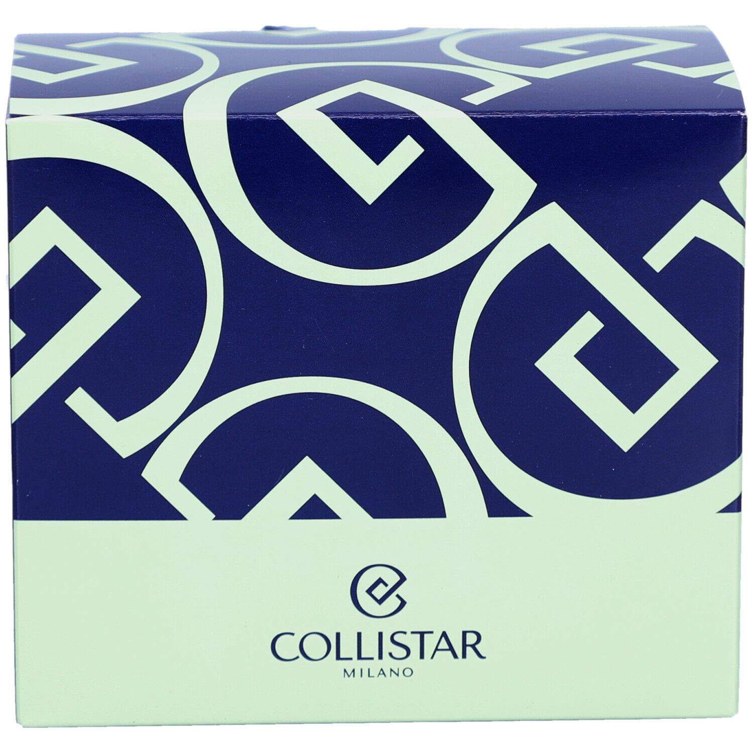 Donkerblauwe doos met groene basis en logo. Tekst: Collistar Milano.